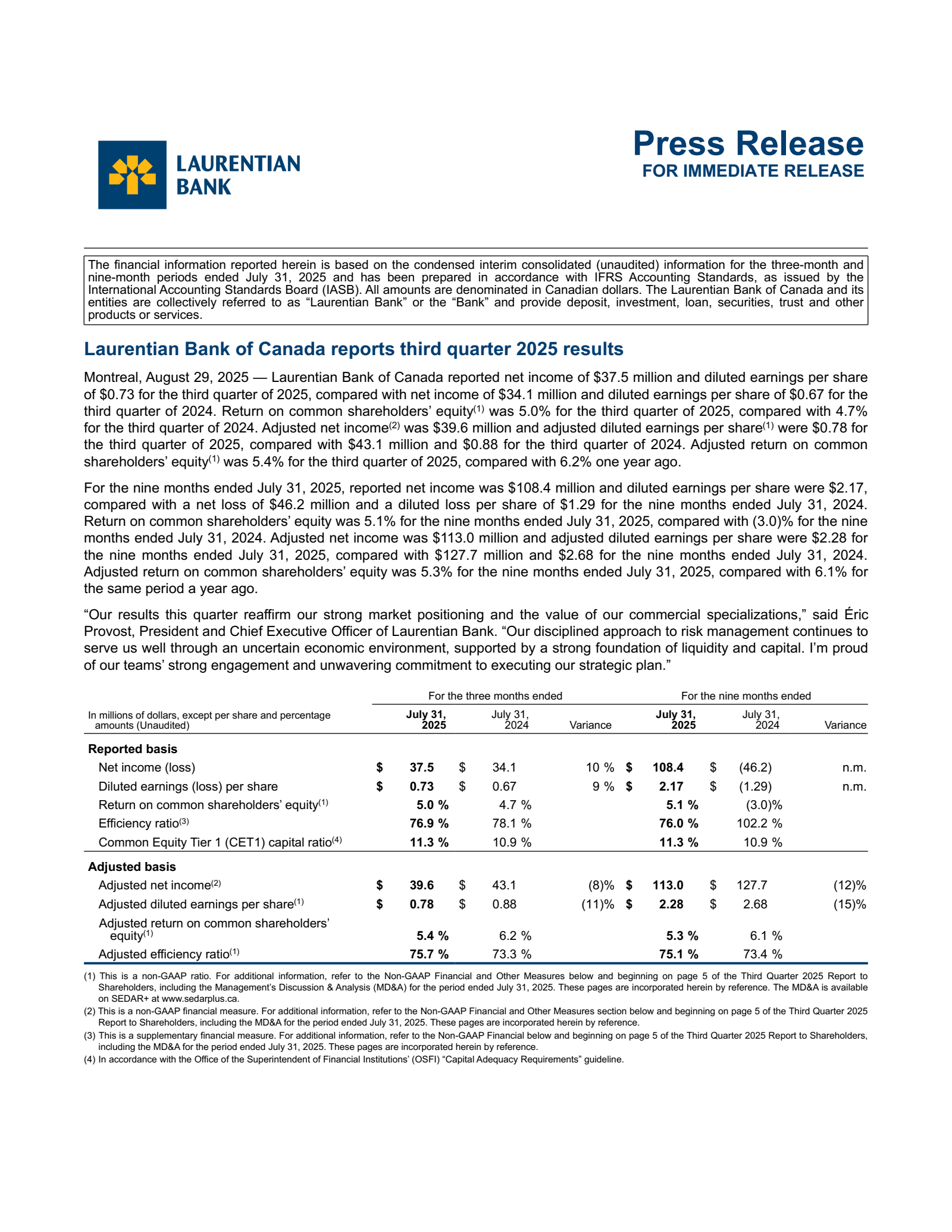 Laurentian Bank of Canada's Q3 2025 Press Release