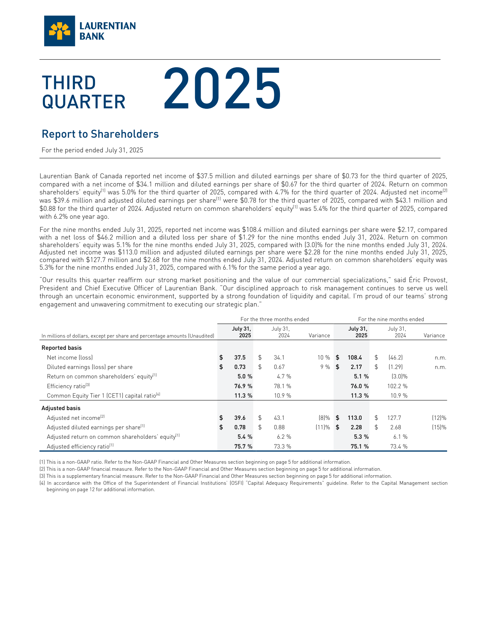 Laurentian Bank of Canada's Q3 2025 Interim report