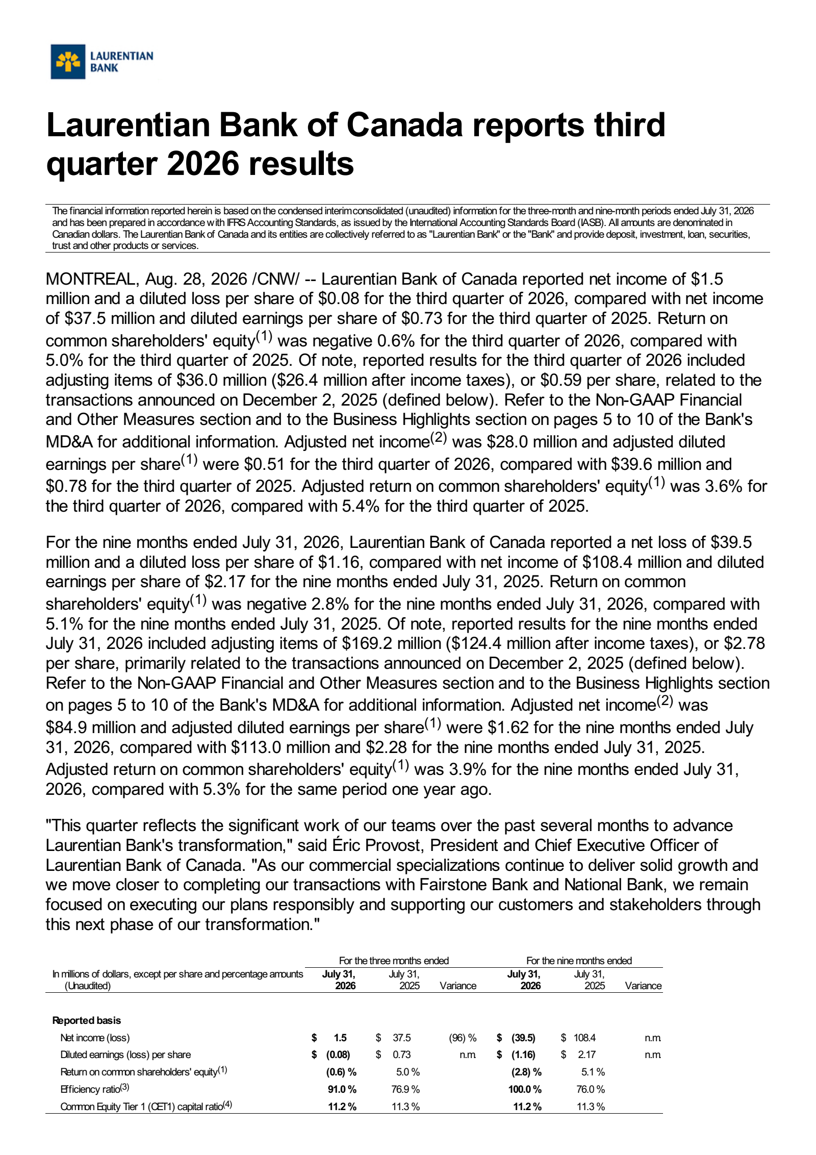 Laurentian Bank of Canada's Q3 2026 Press Release
