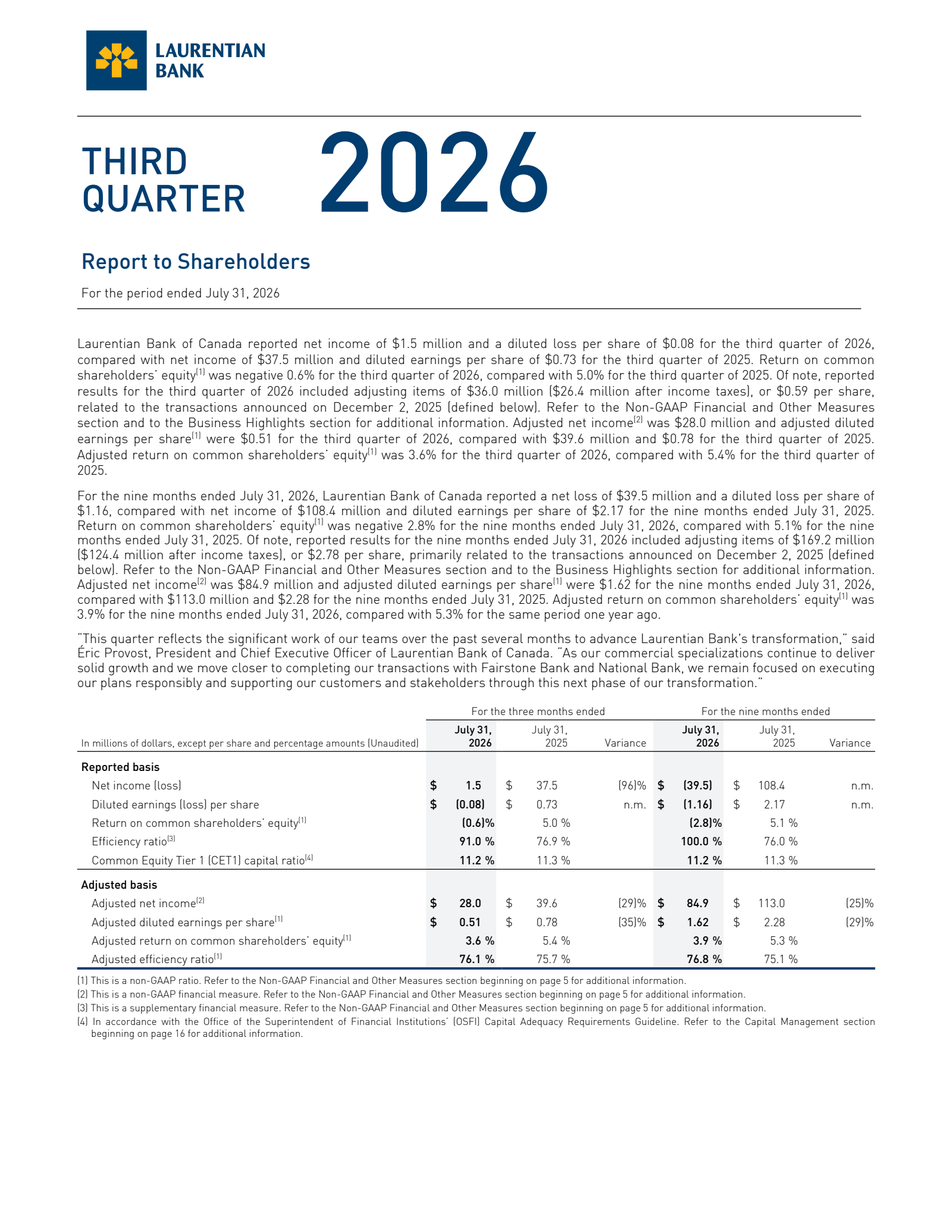 Laurentian Bank of Canada's Q3 2026 Interim report