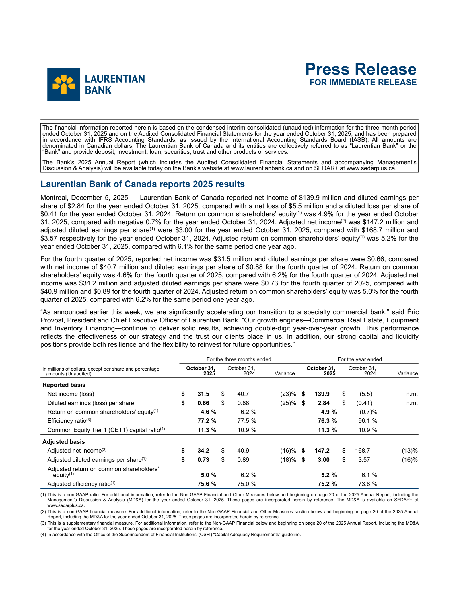Laurentian Bank of Canada's Q4 2025 Earnings Release
