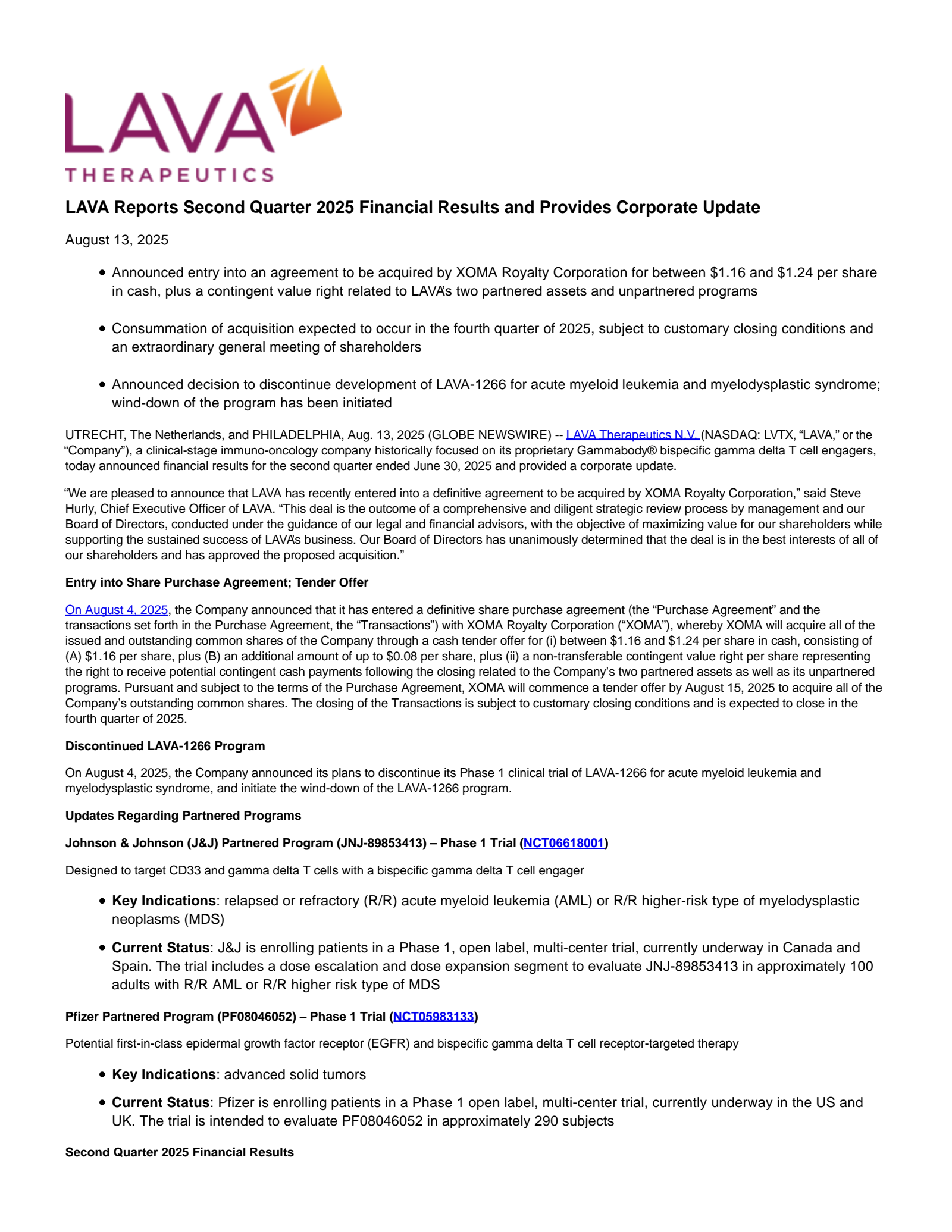 LAVA Therapeutics' Q2 2025 Press Release