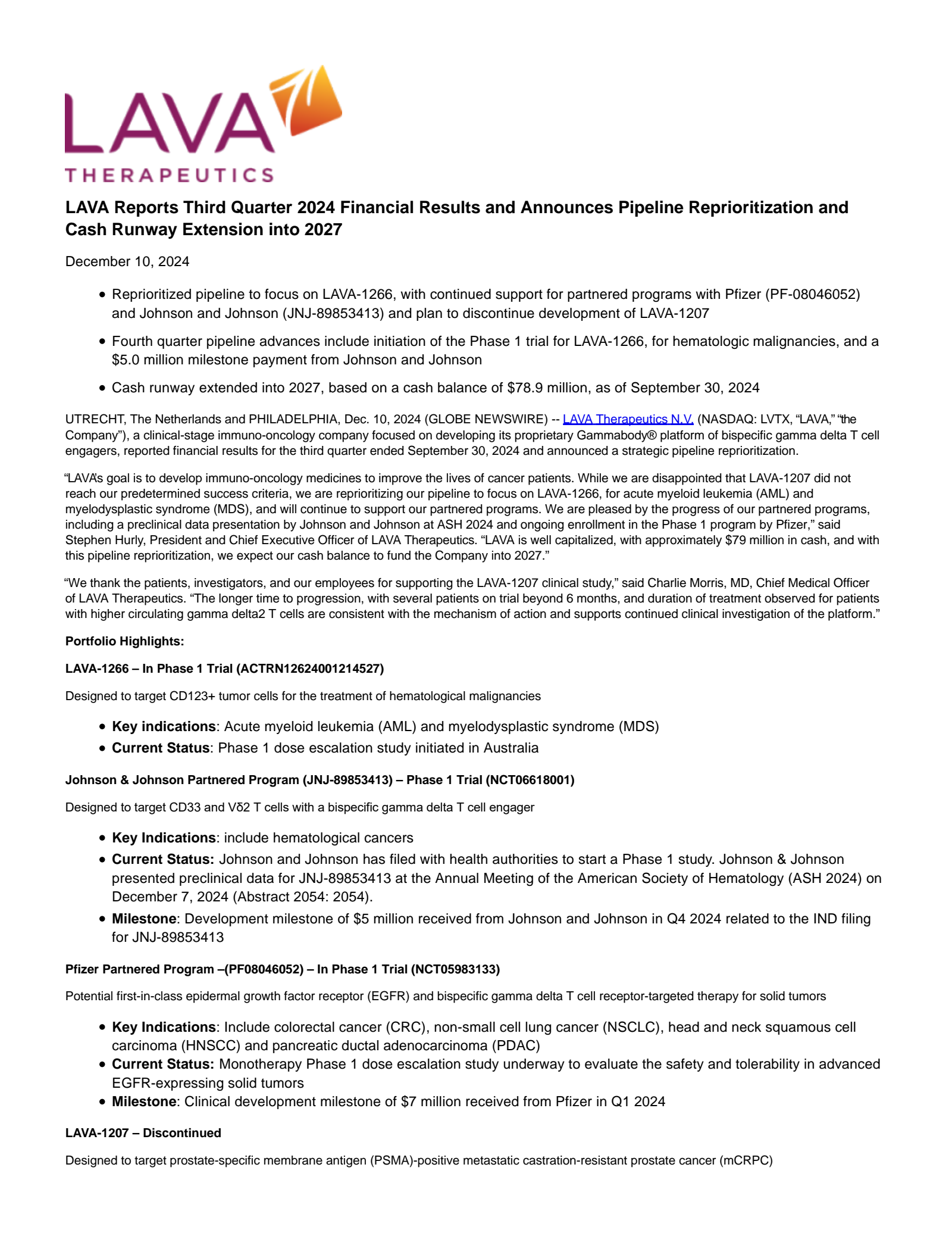 LAVA Therapeutics' Q3 2024 Press Release