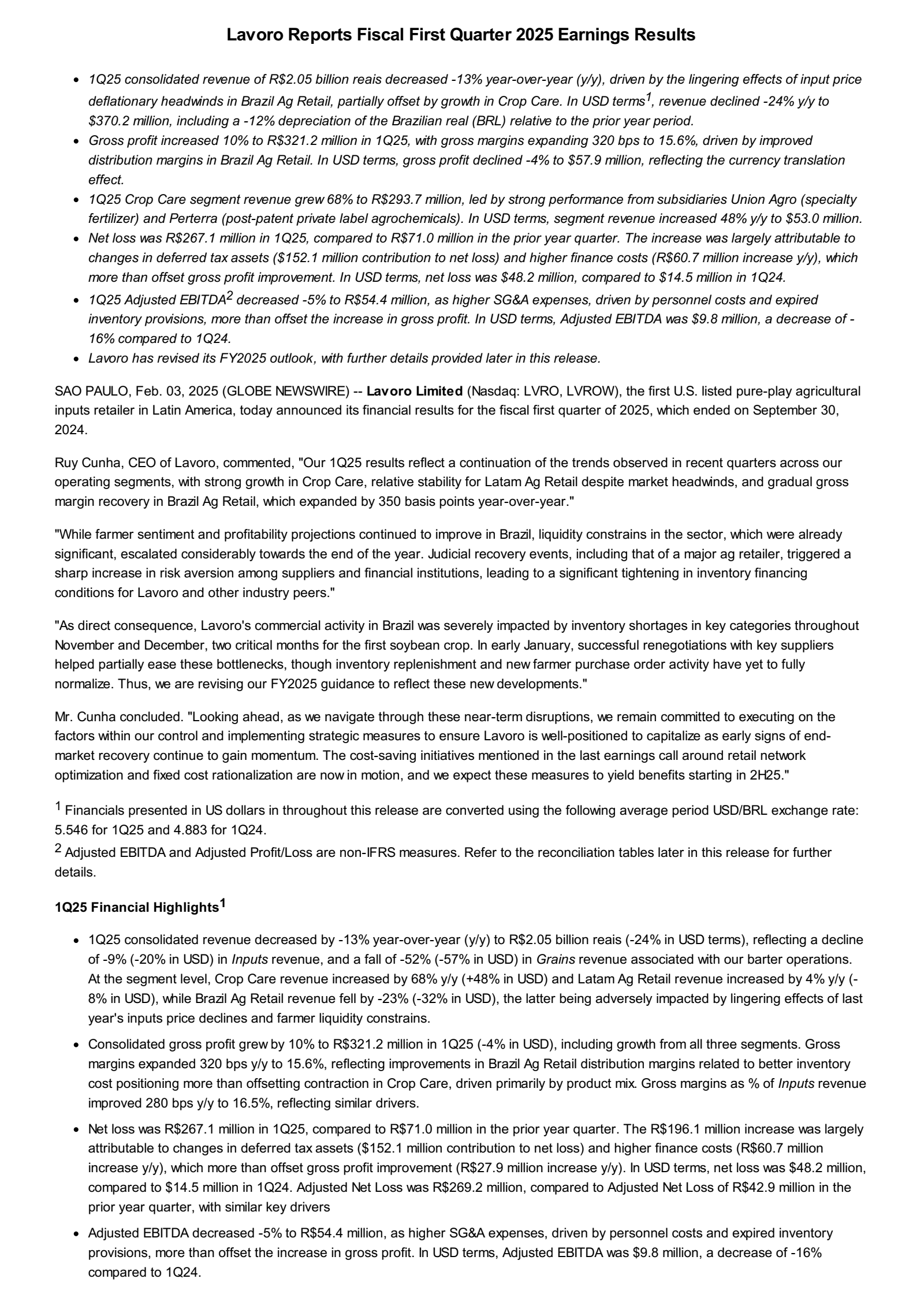 Lavoro's Q1 2025 Press Release