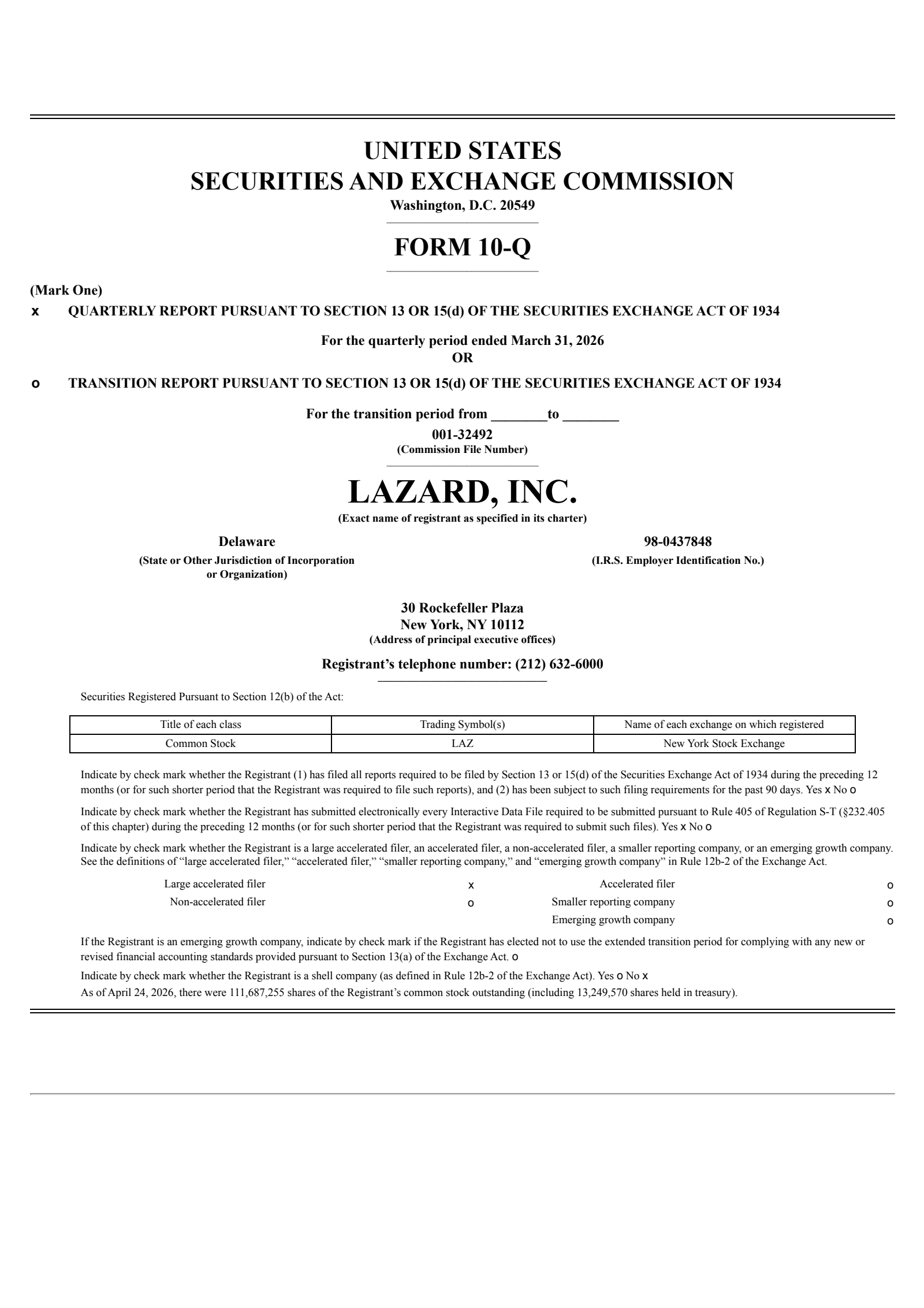 Lazard's Q1 2026 Quarterly report