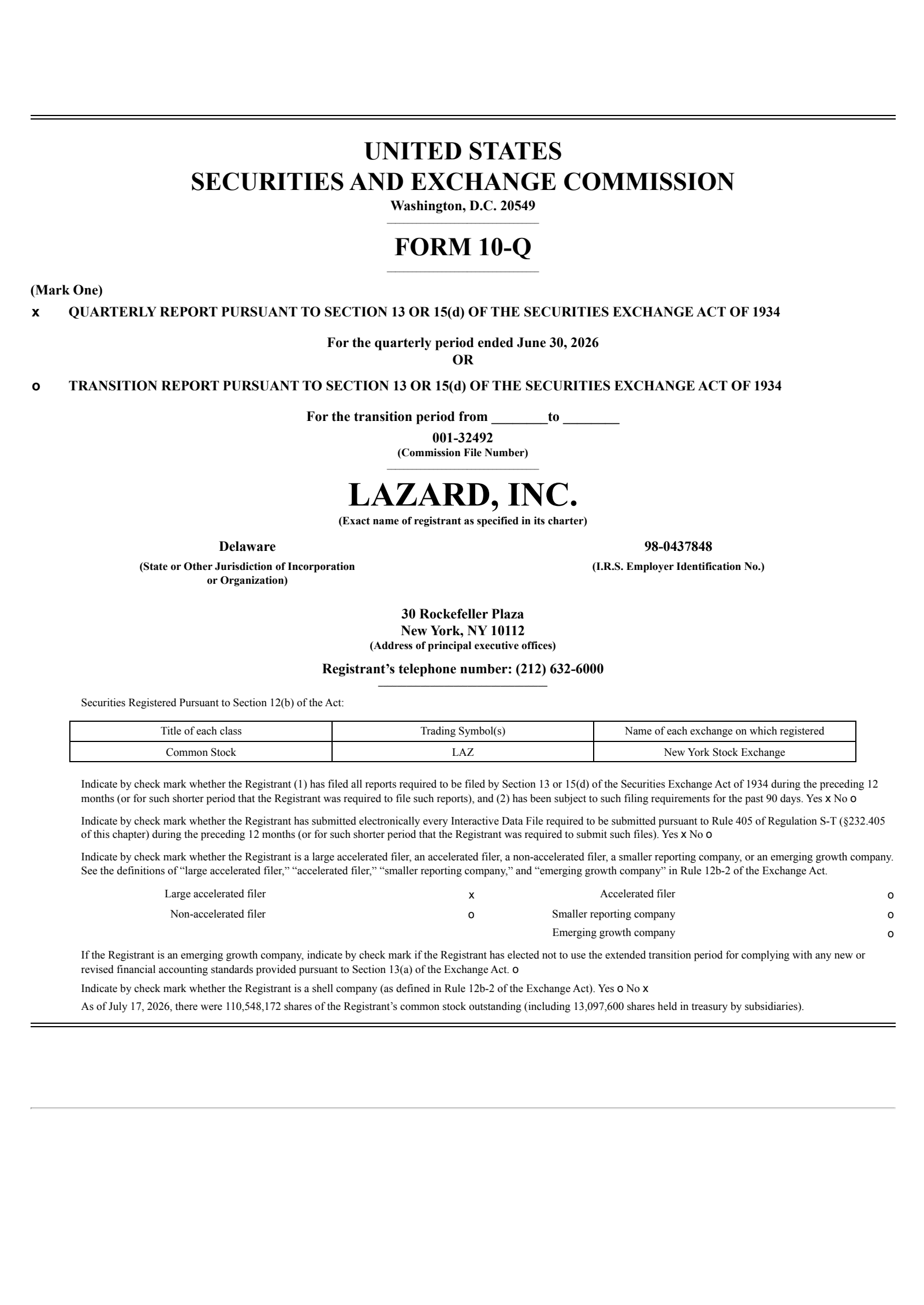 Lazard's Q2 2026 Quarterly report