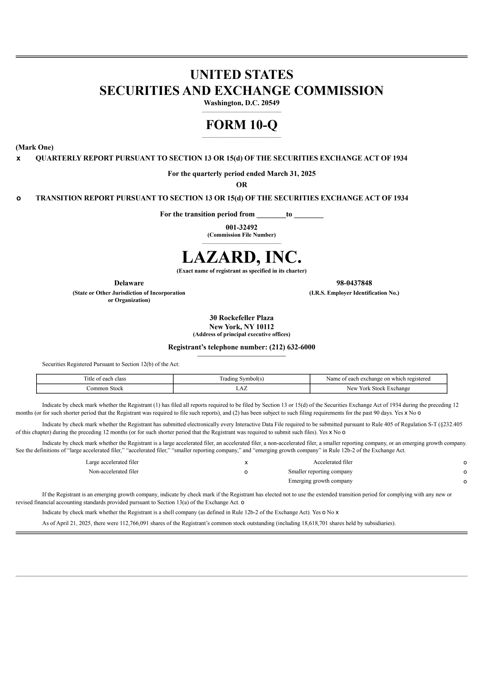 Lazard's Q1 2025 Quarterly report