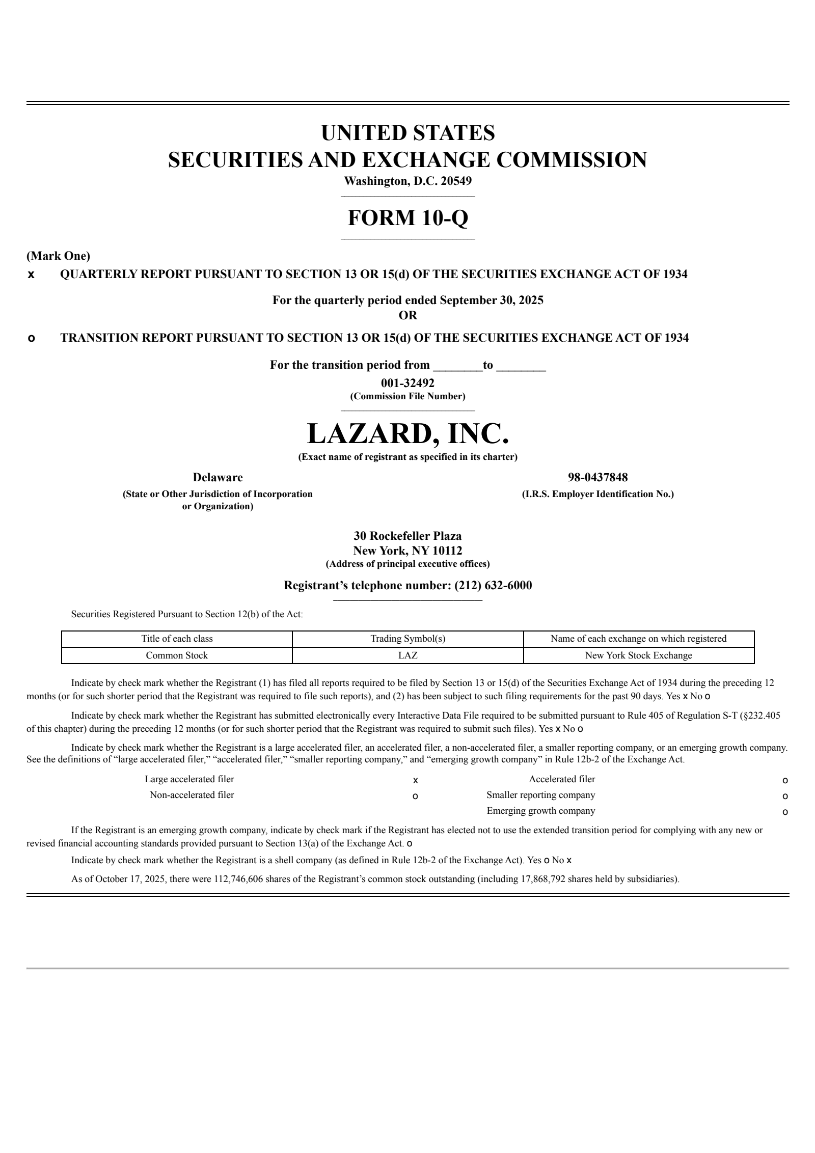 Lazard's Q3 2025 Quarterly Report