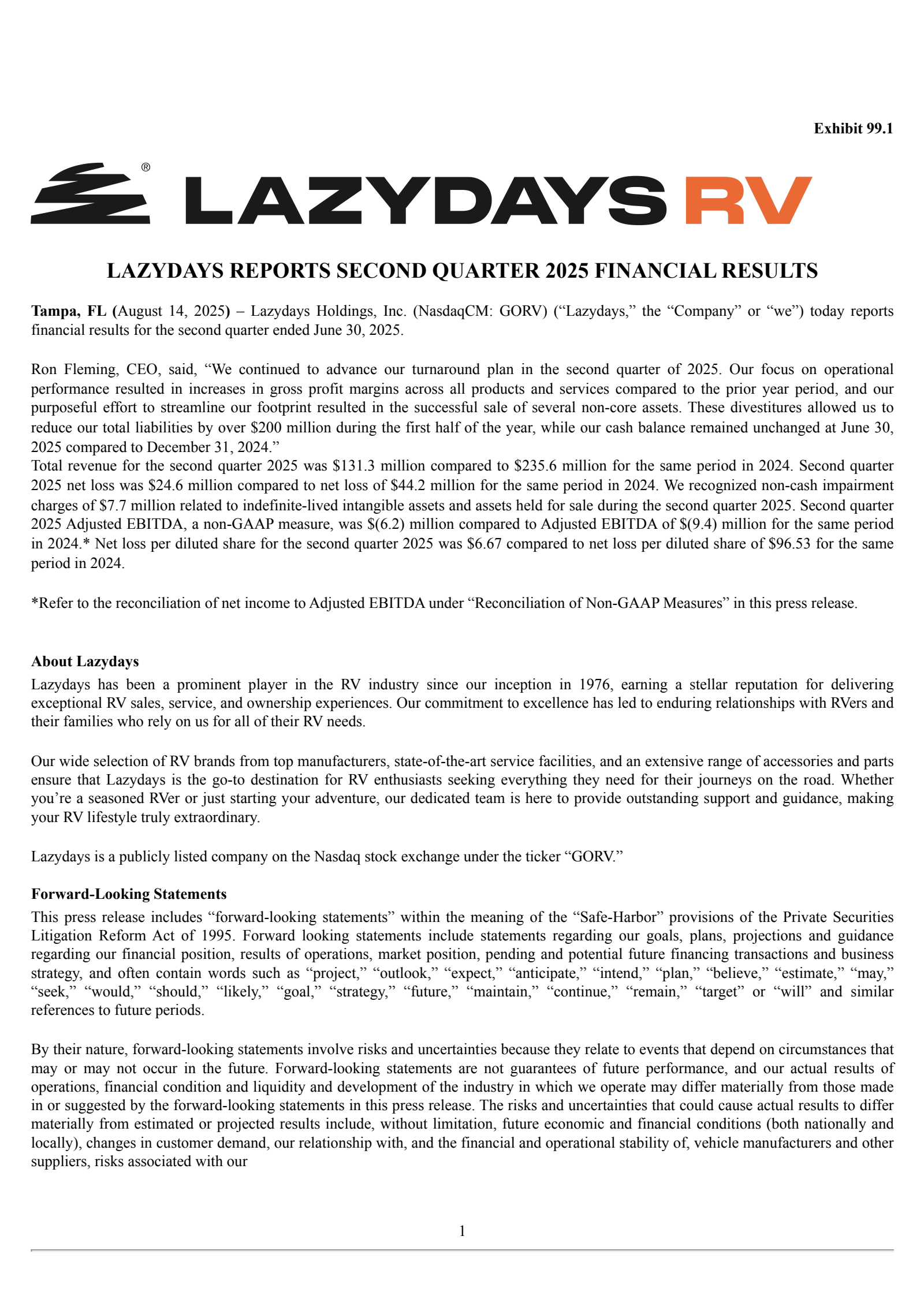 LAZYDAYS's Q2 2025 Press Release