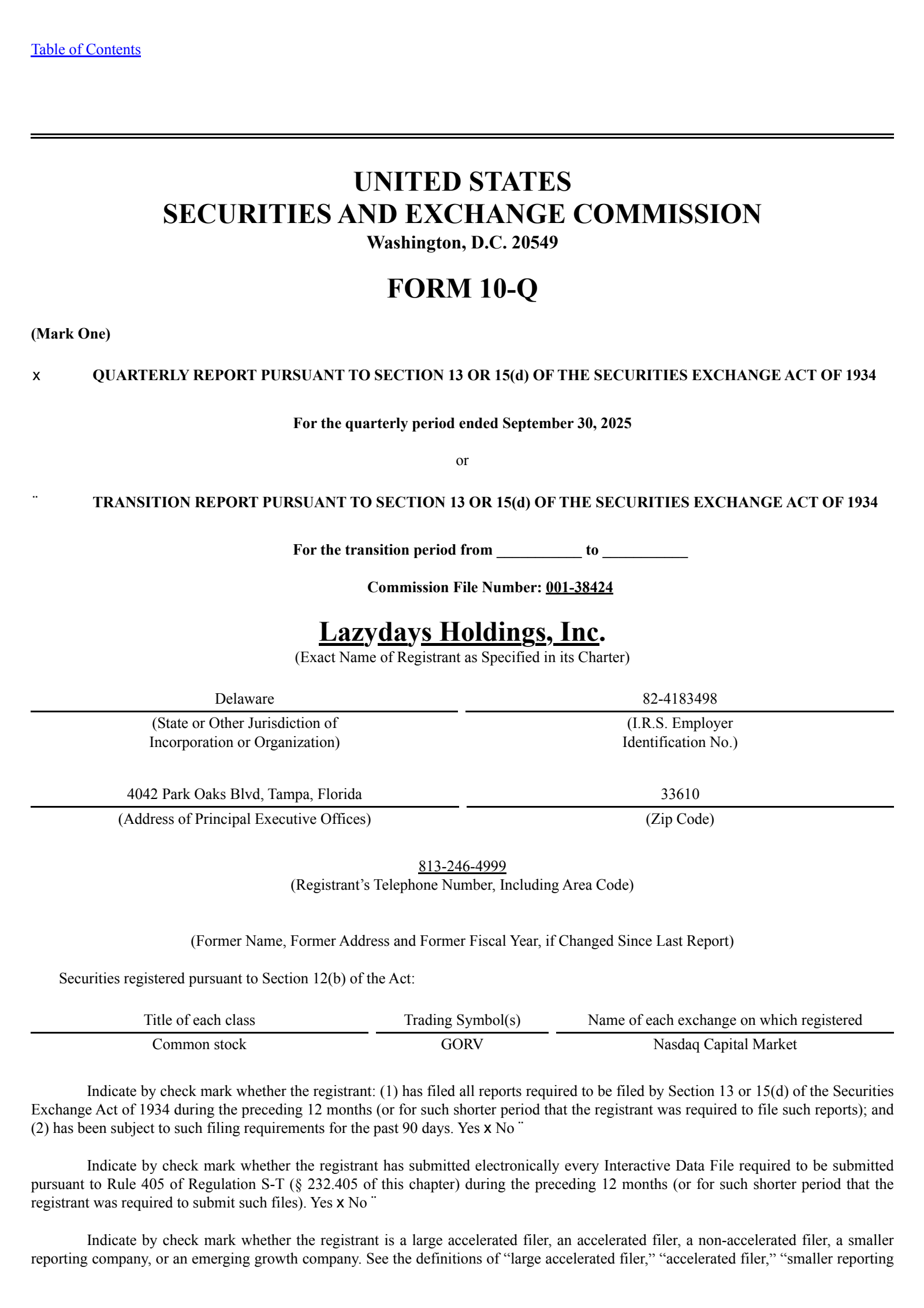 Lazydays' Q3 2025 Quarterly Report
