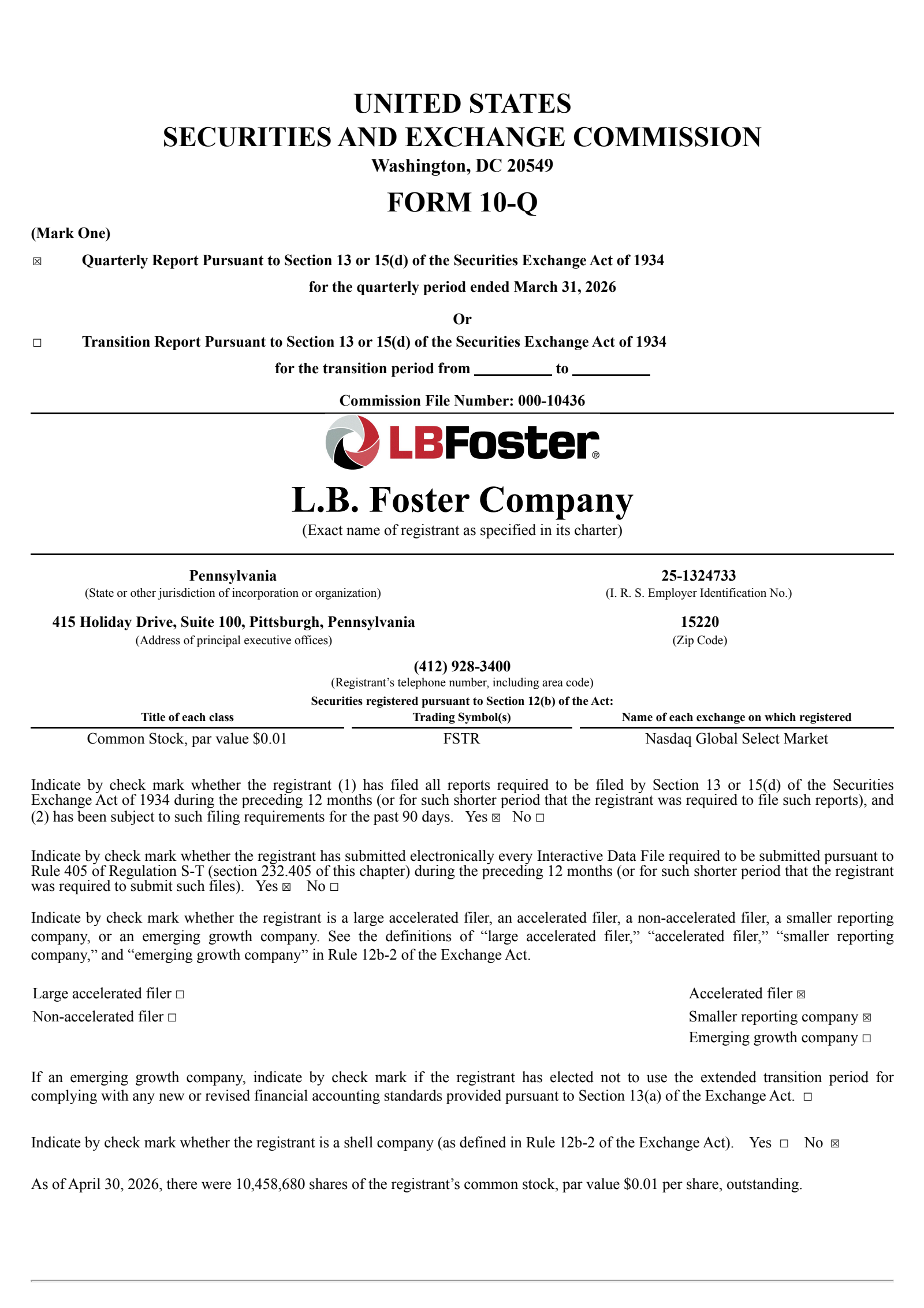 L.B. Foster's Q1 2026 Quarterly report