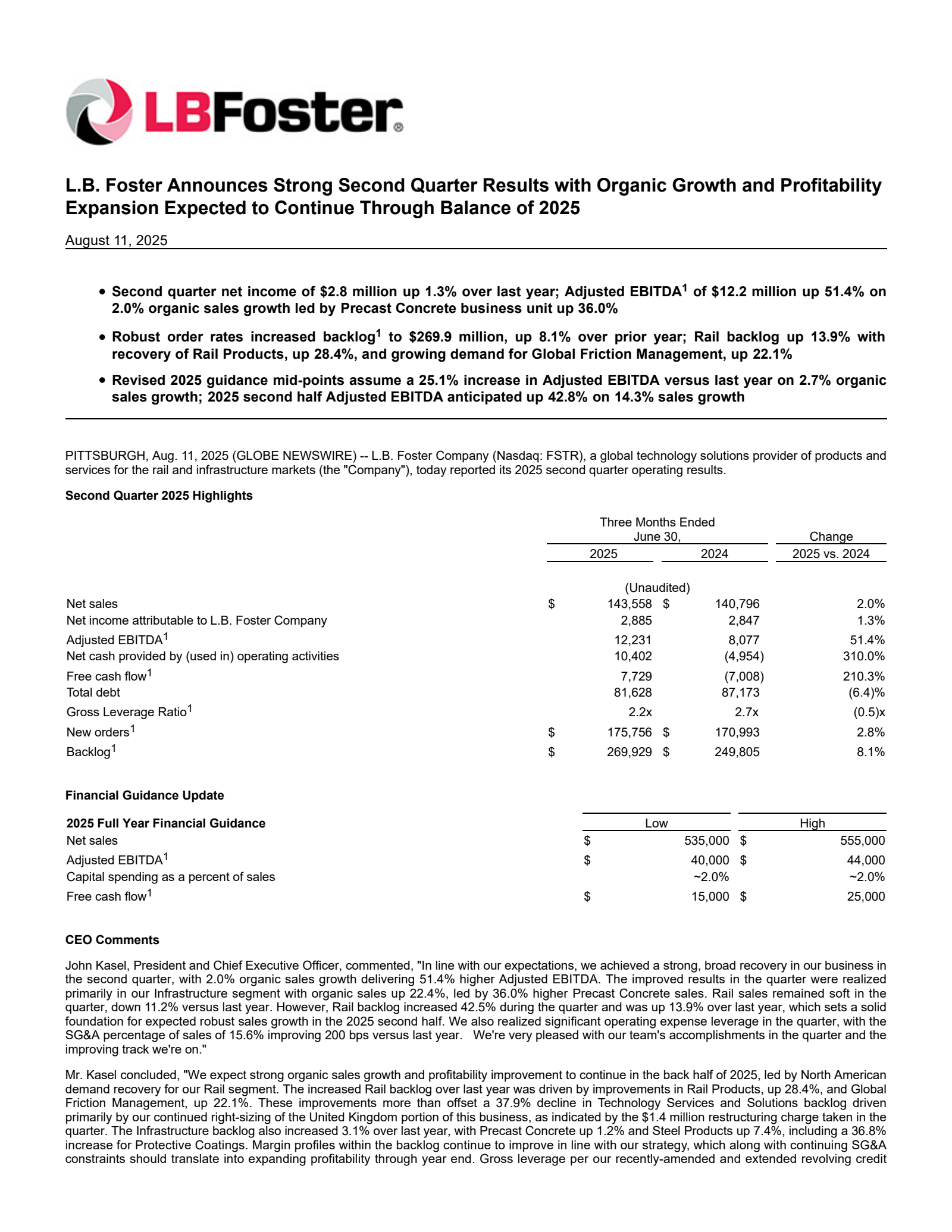 L.B. Foster's Q2 2025 Press Release