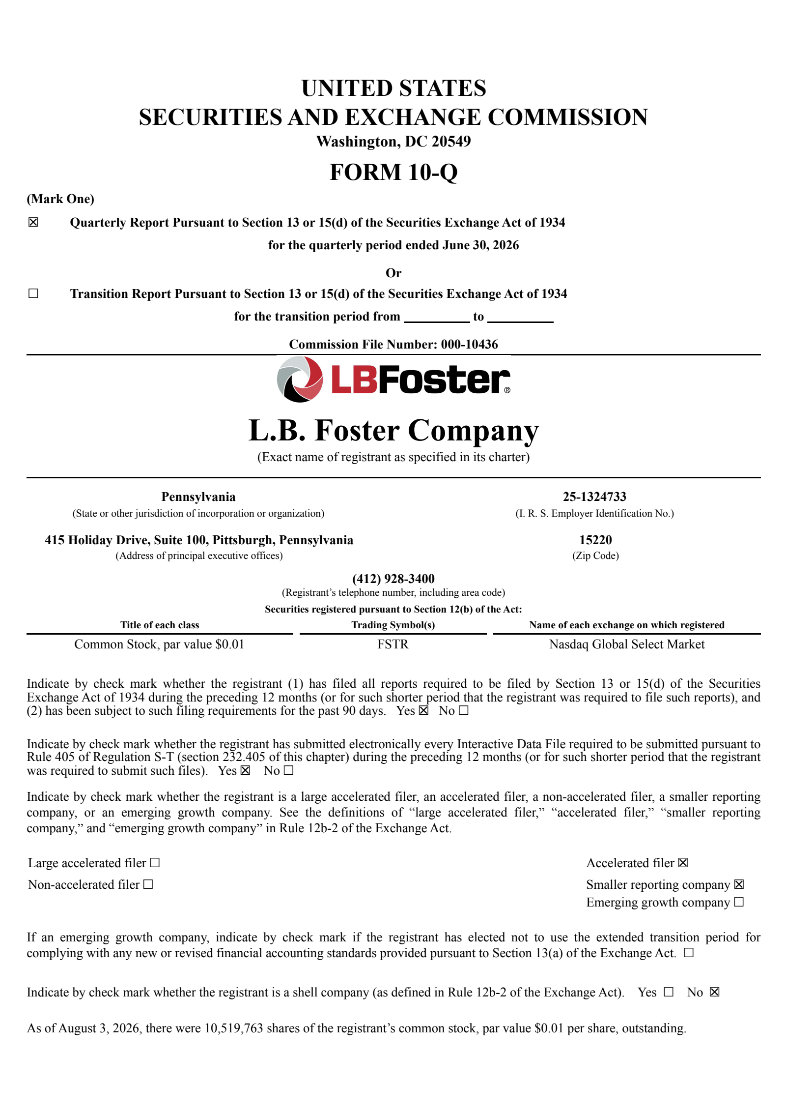 L.B. Foster's Q2 2026 Quarterly report