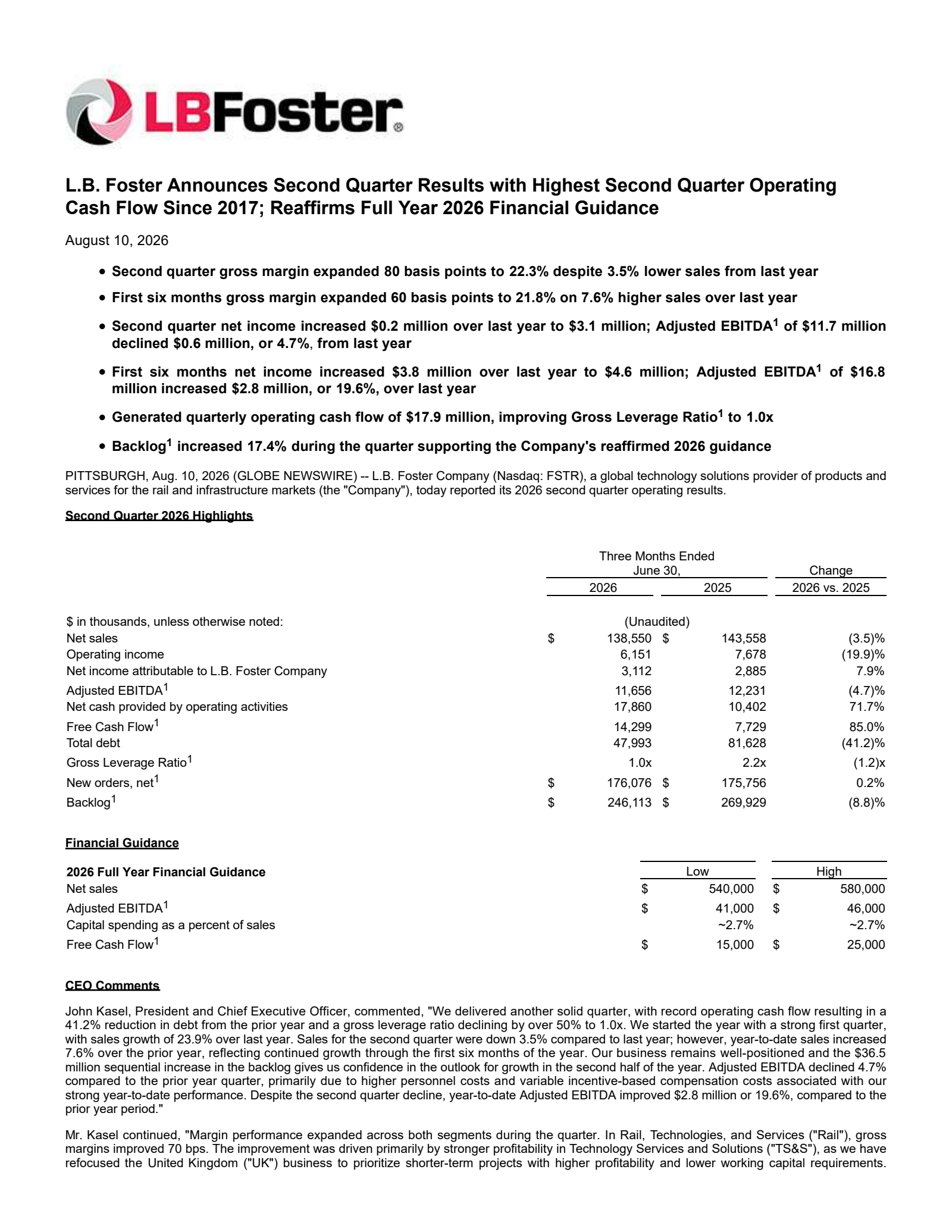 L.B. Foster's Q2 2026 Press Release