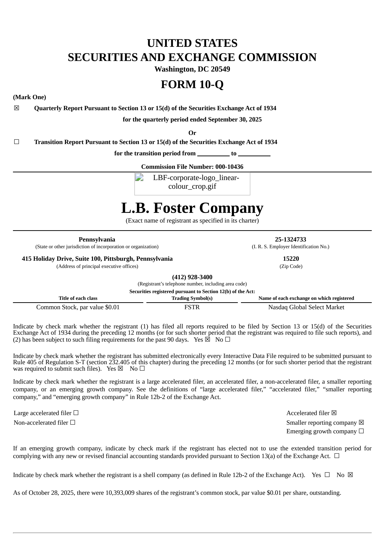 L.B. Foster's Q3 2025 Quarterly Report