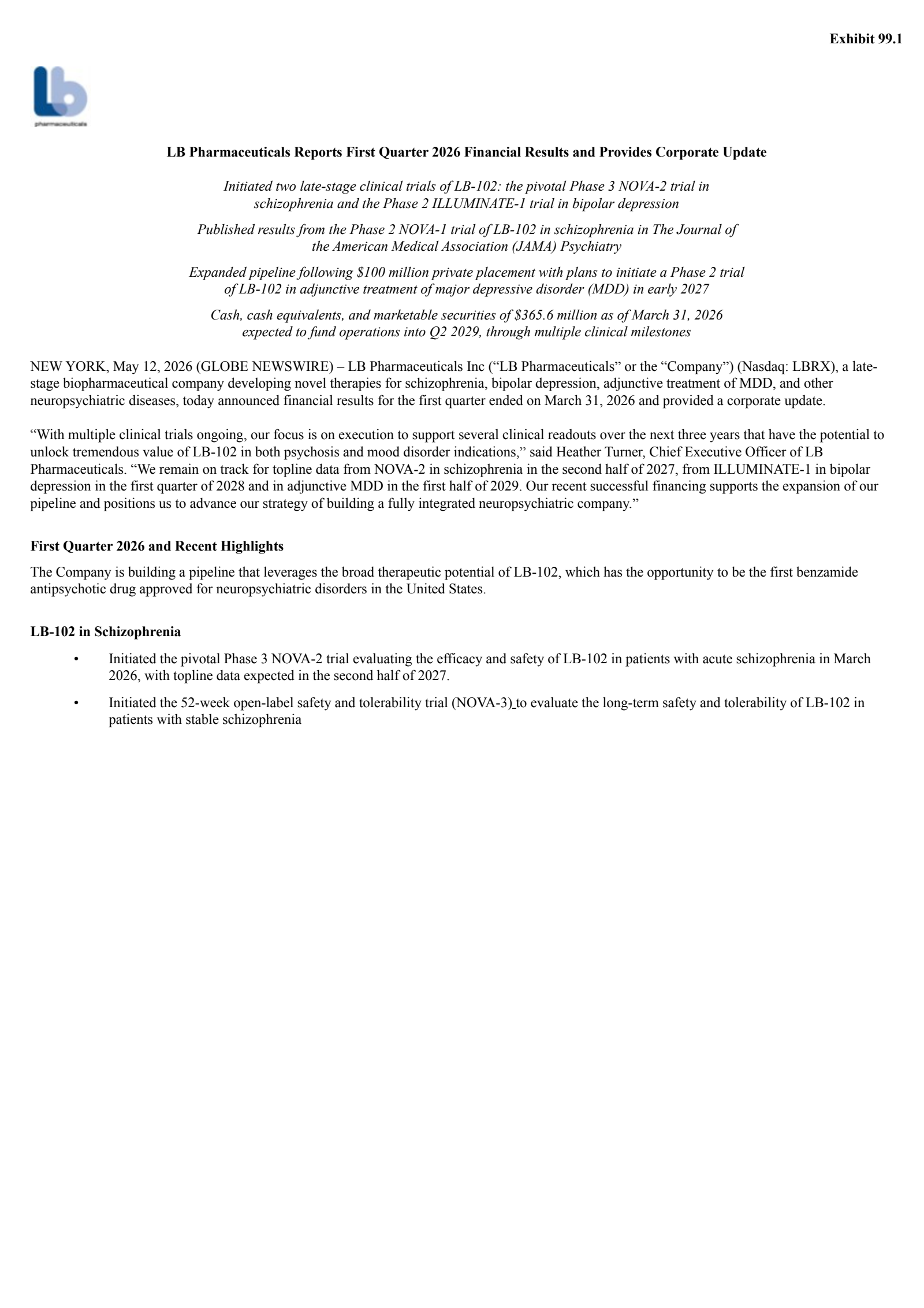 LB Pharmaceuticals' Q1 2026 Press Release