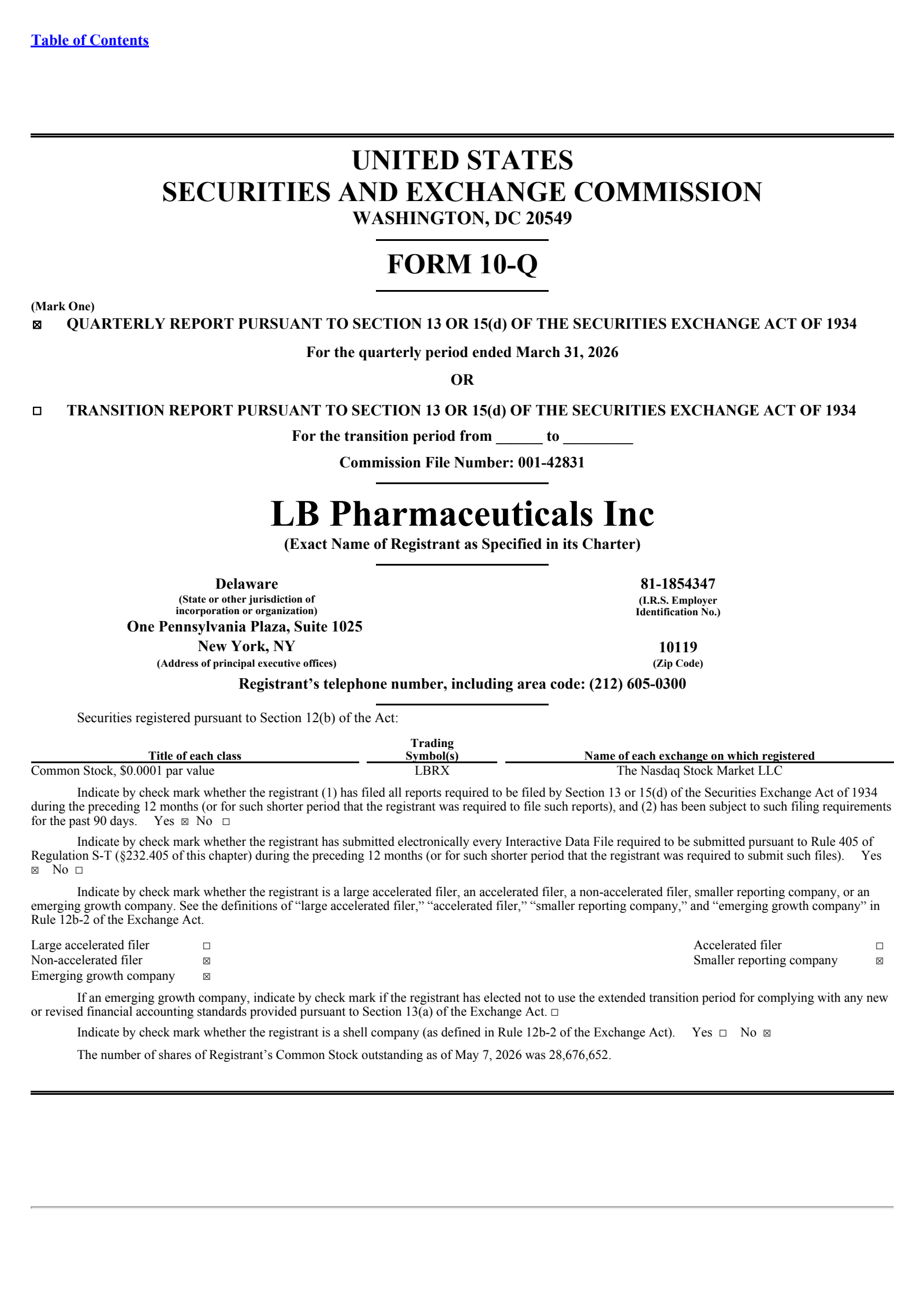 LB Pharmaceuticals' Q1 2026 Quarterly report