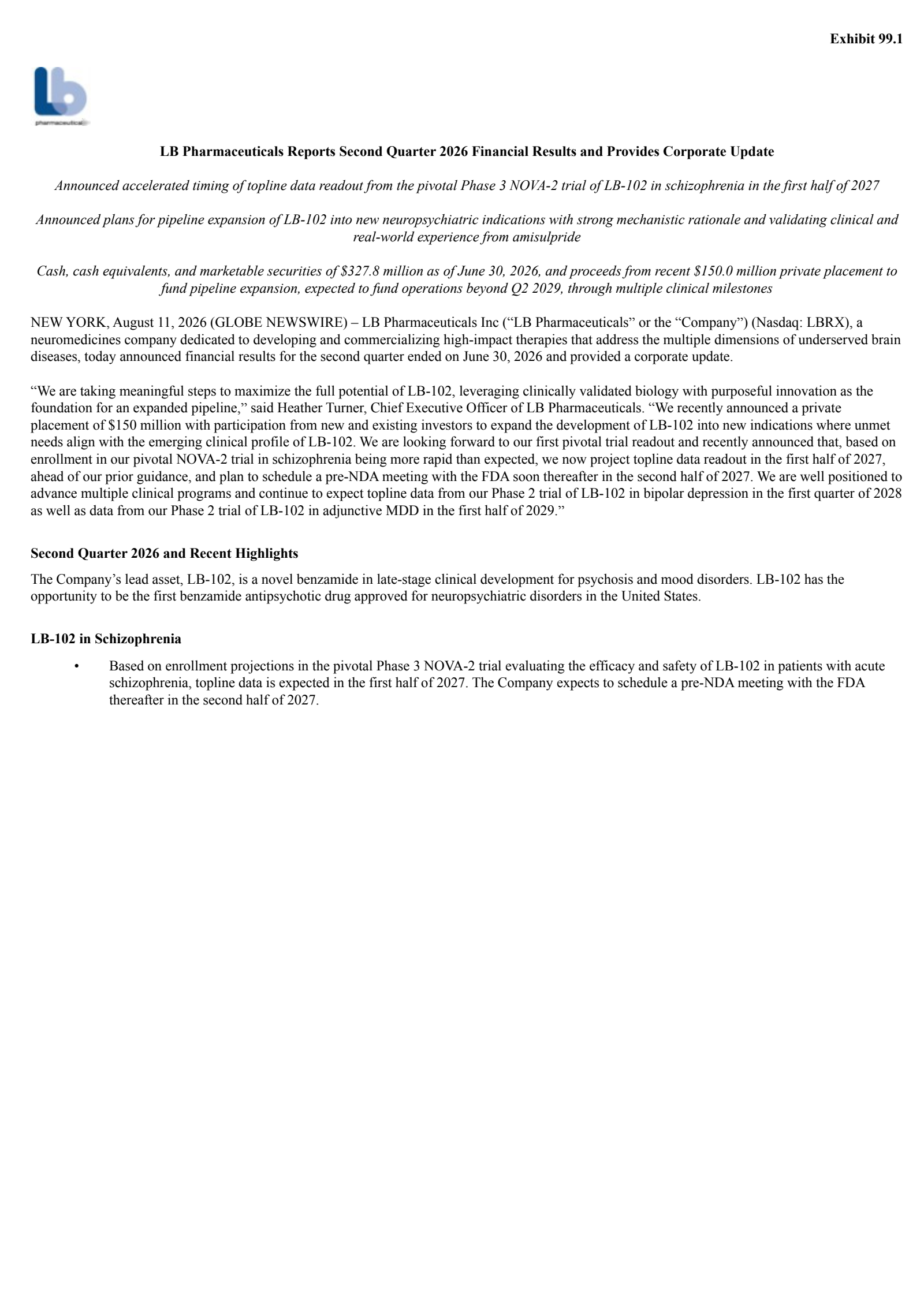 LB Pharmaceuticals' Q2 2026 Press Release