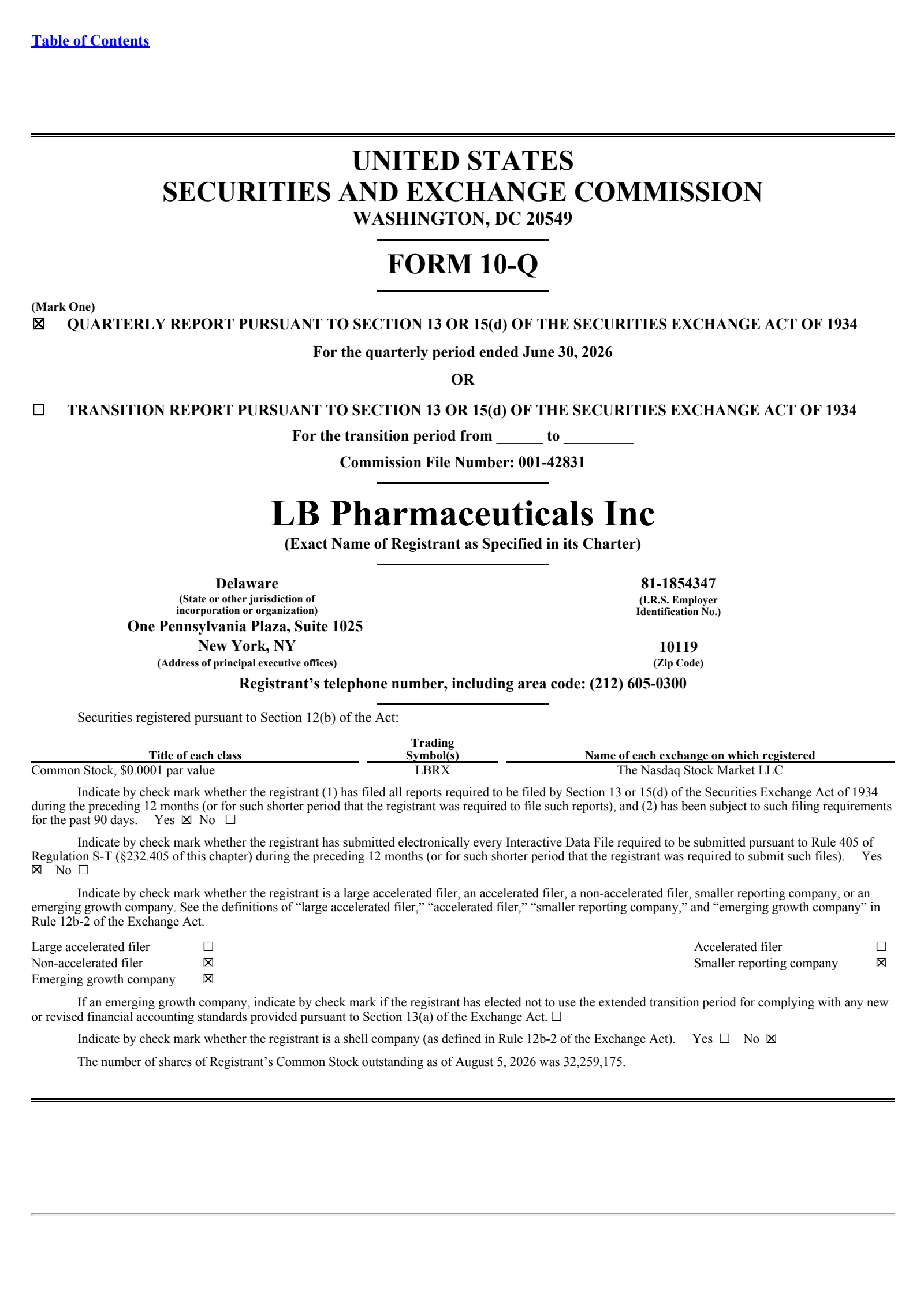 LB Pharmaceuticals' Q2 2026 Quarterly report