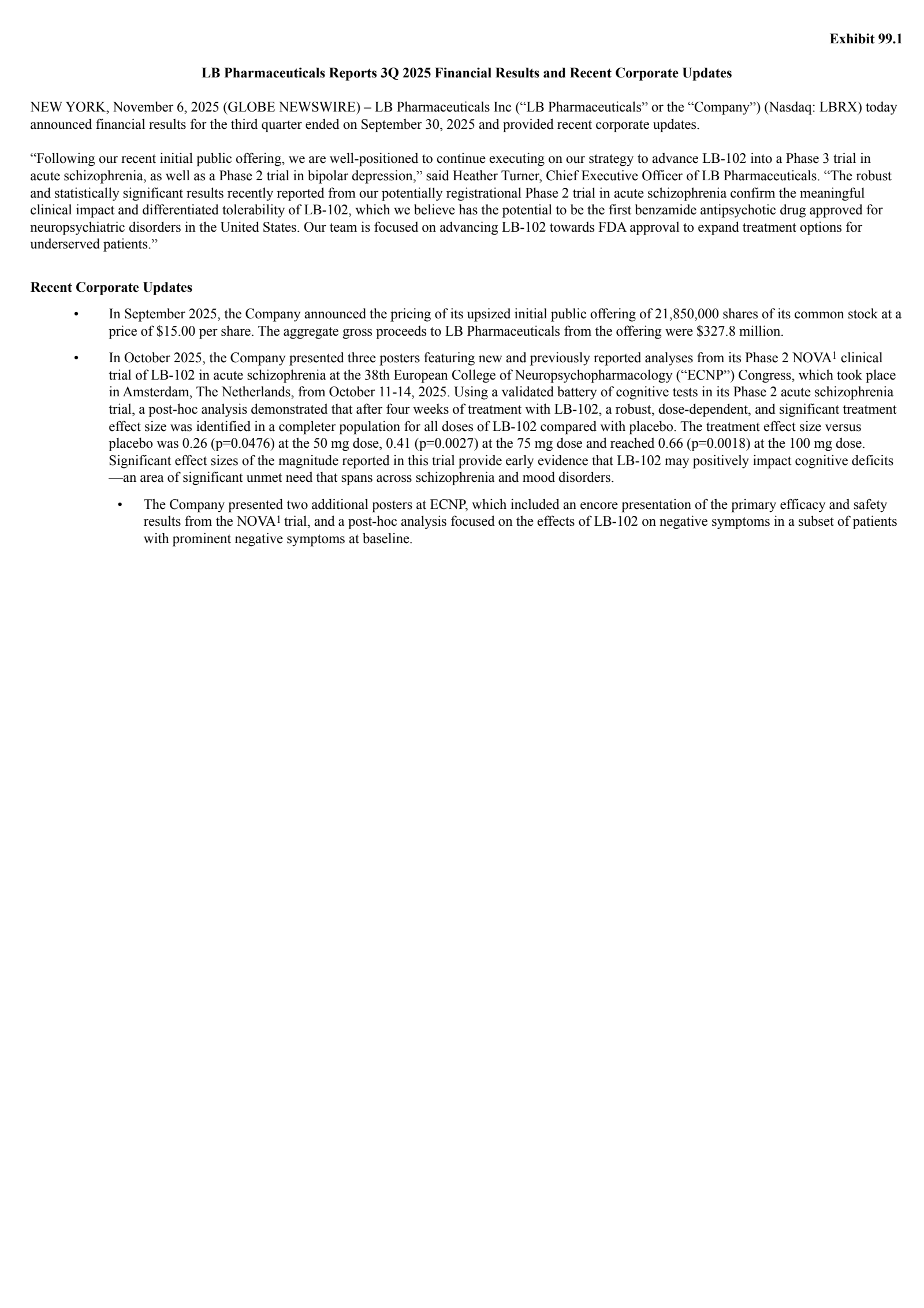 LB Pharmaceuticals' Q3 2025 Earnings Release