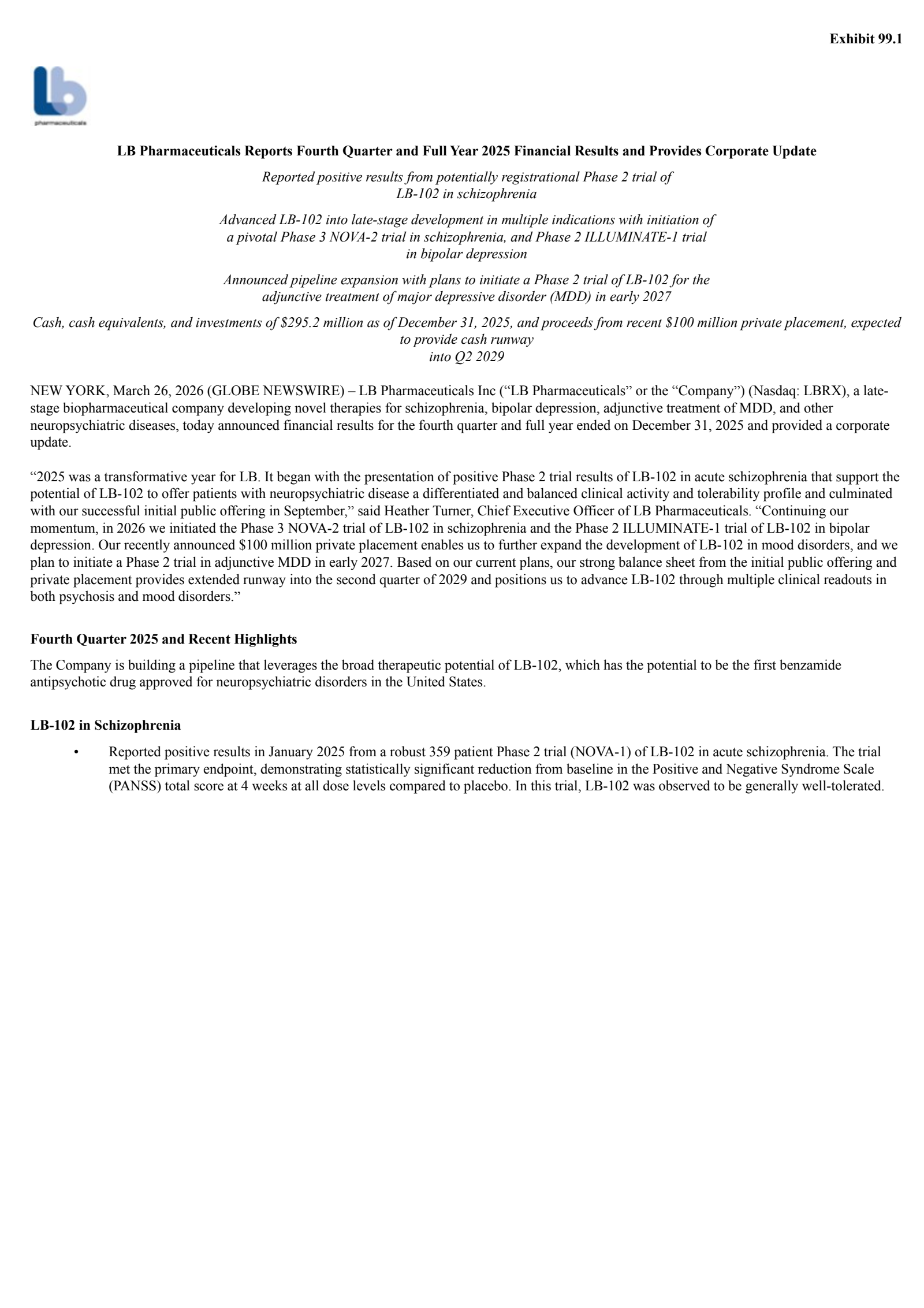 LB Pharmaceuticals' Q4 2025 Press Release