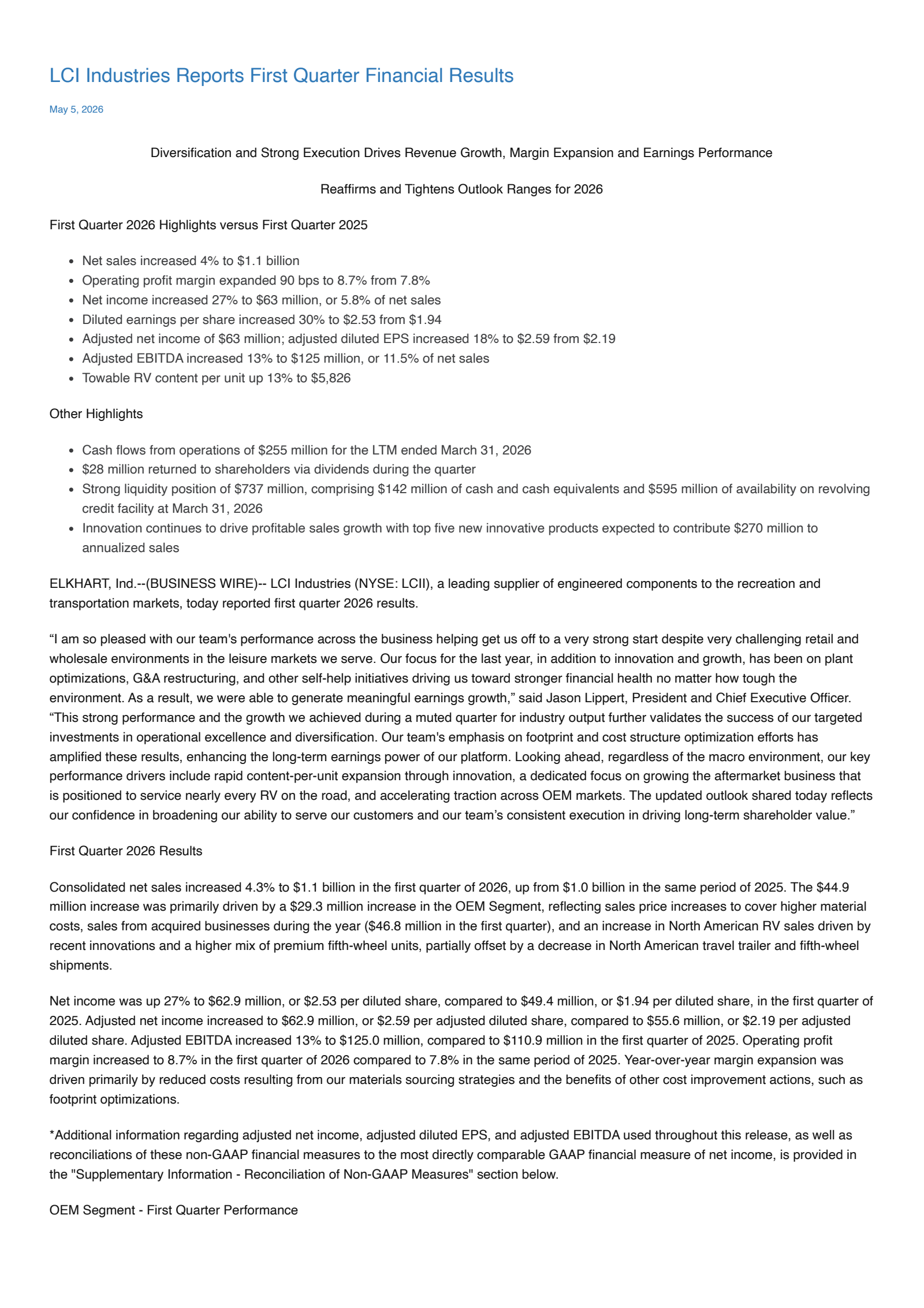 LCI Industries' Q1 2026 Press Release