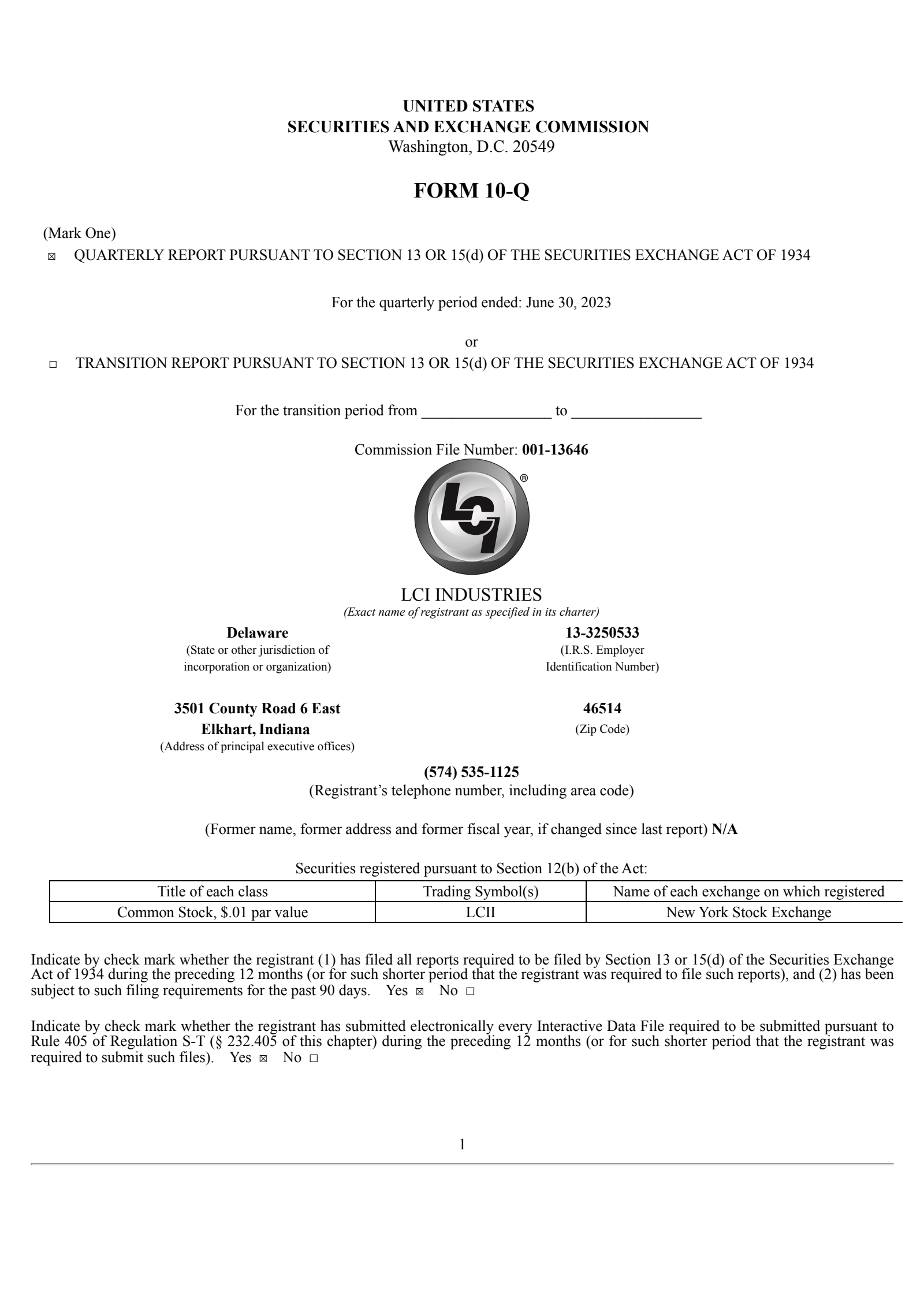 LCI Industries' Q2 2023 Quarterly report