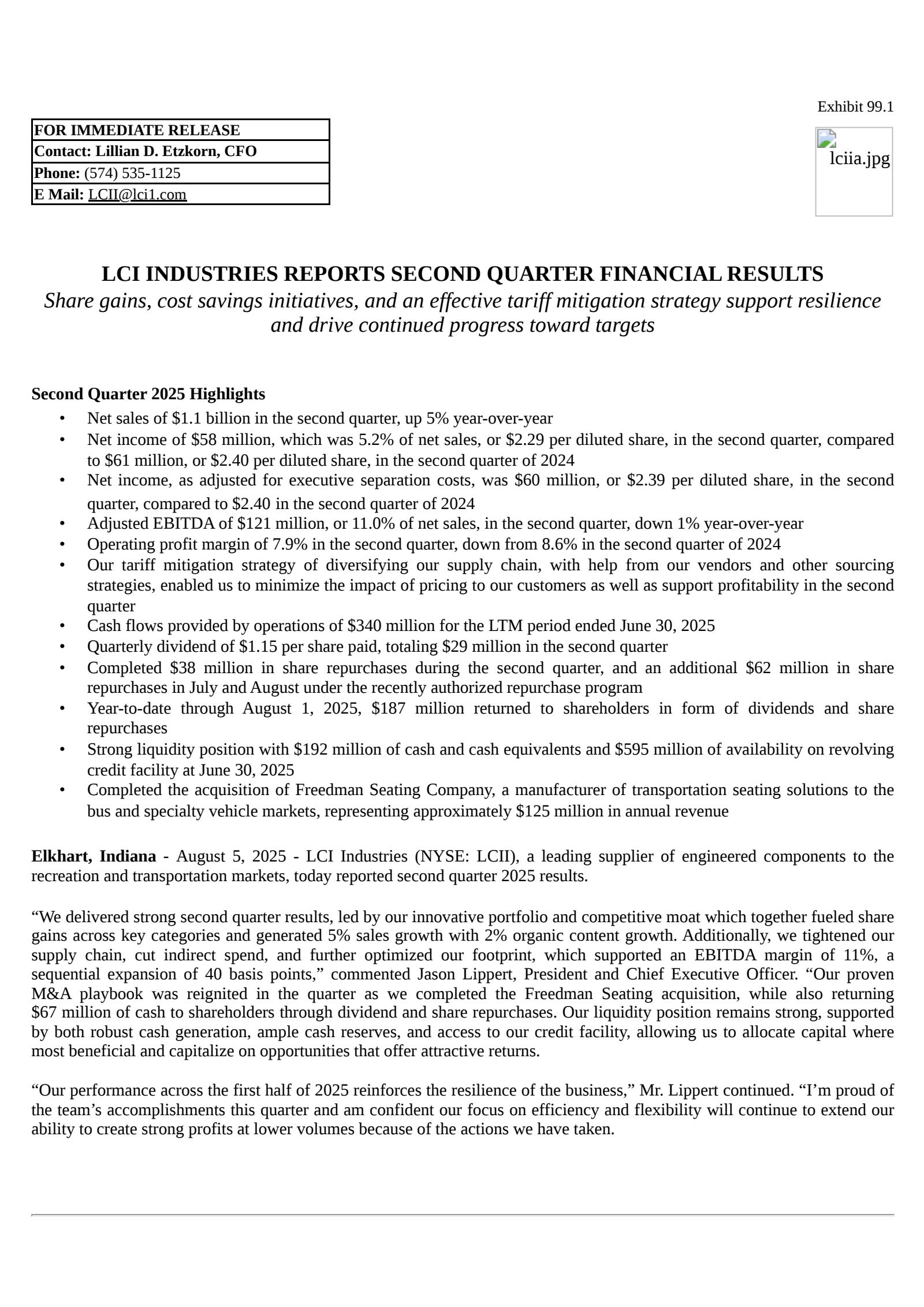 LCI Industries' Q2 2025 Press Release