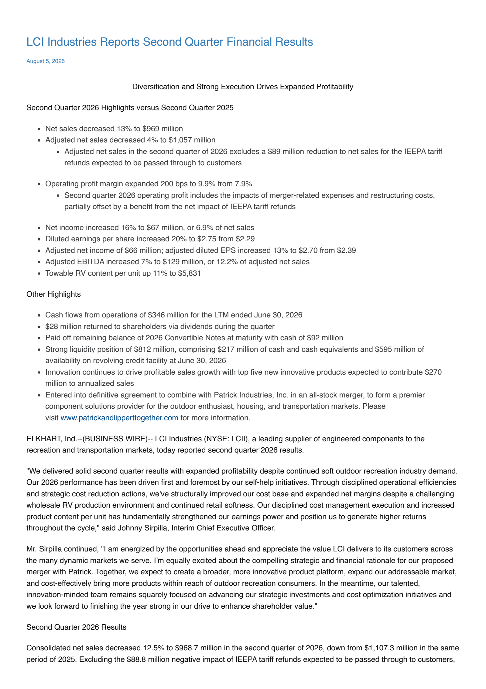 LCI Industries' Q2 2026 Press Release