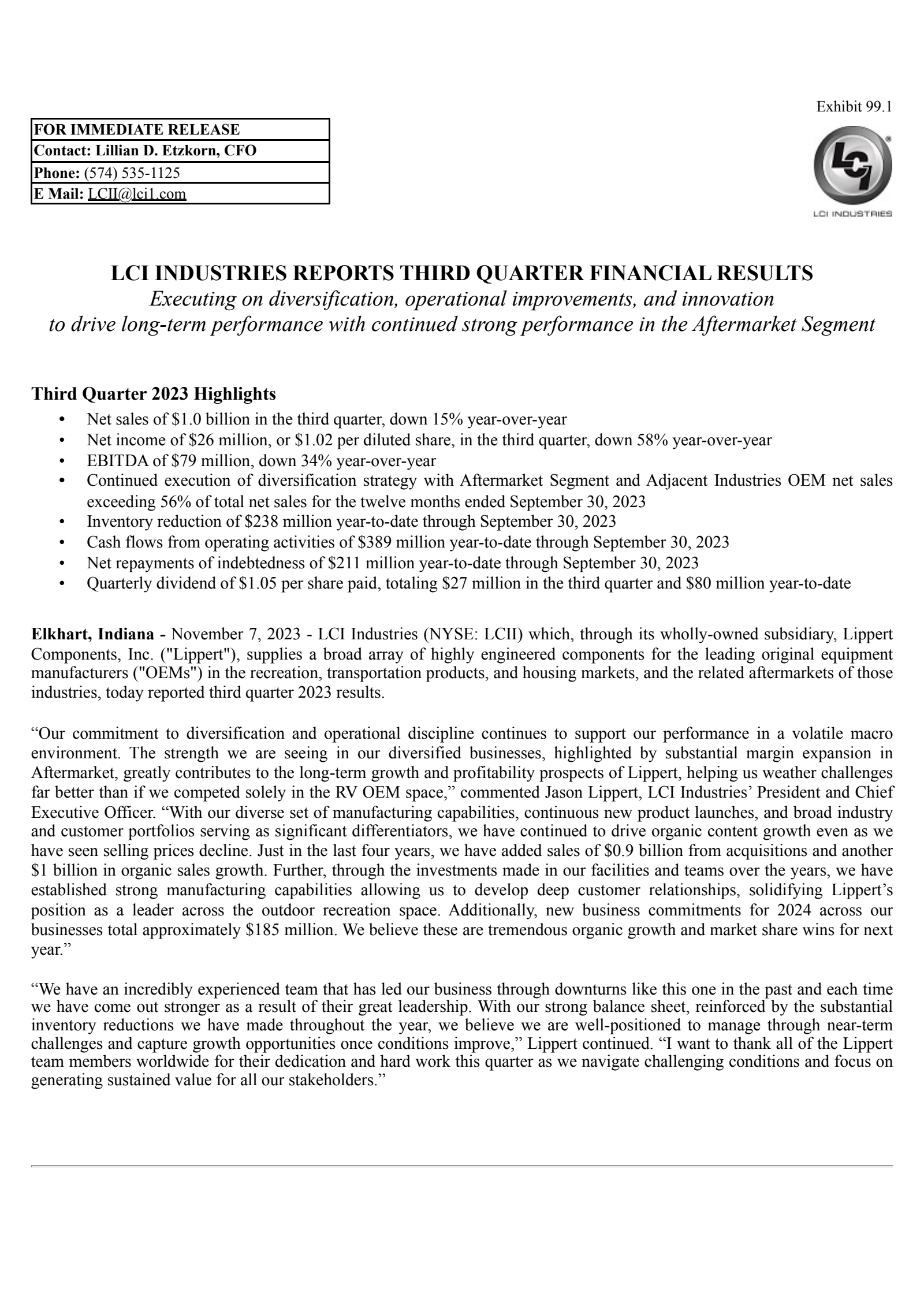 LCI Industries' Q3 2023 Press Release