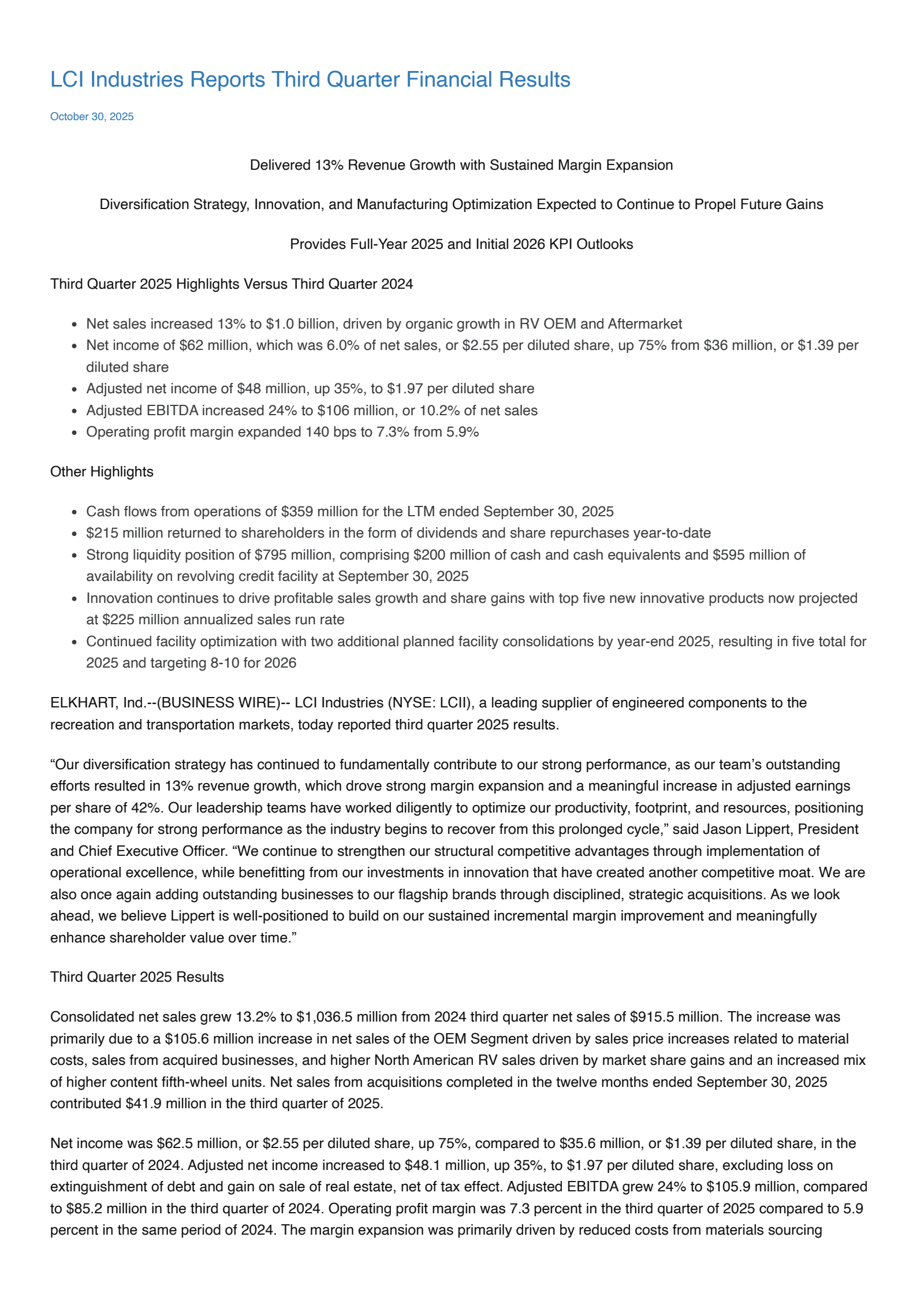 LCI Industries' Q3 2025 Earnings Release