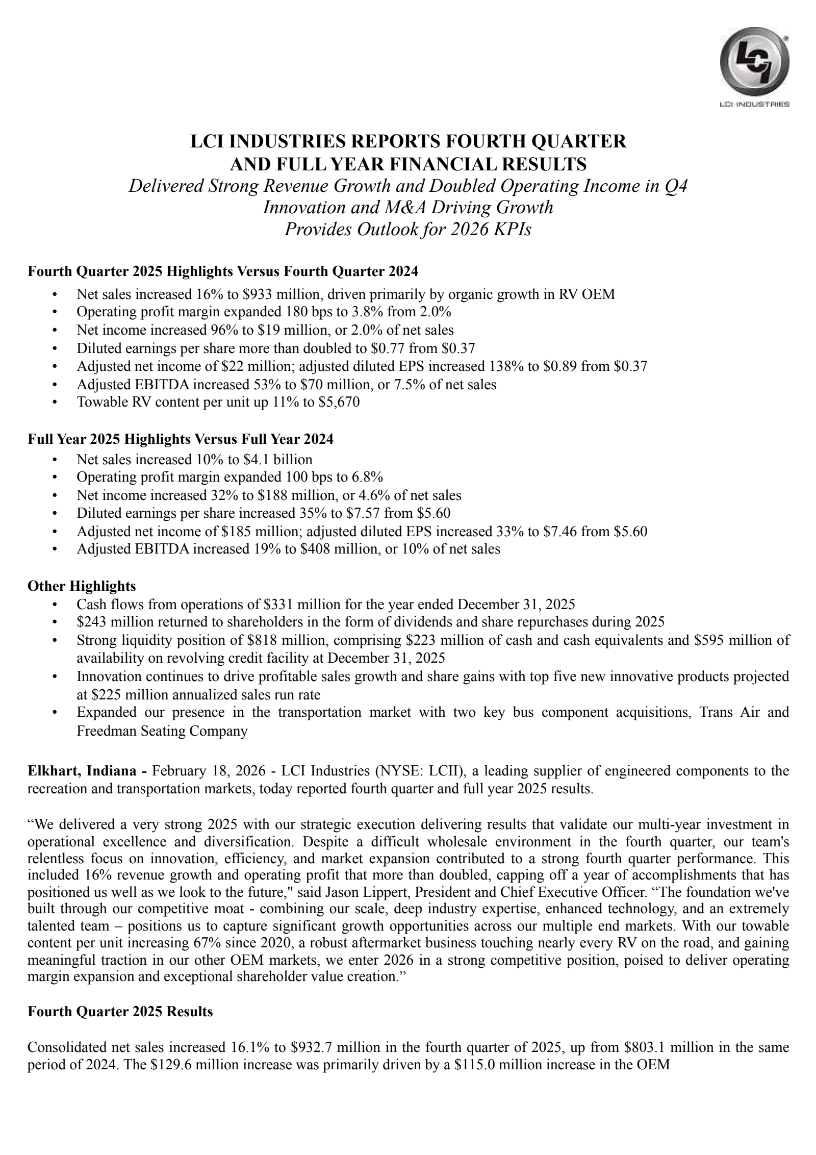 LCI Industries' Q4 2025 Press Release