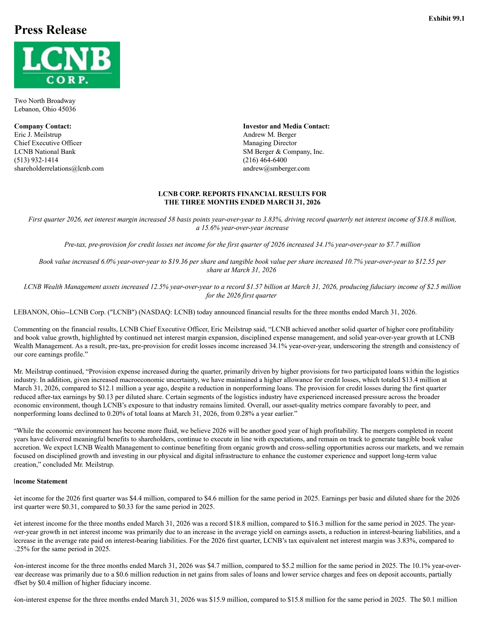 LCNB's Q1 2026 Press Release