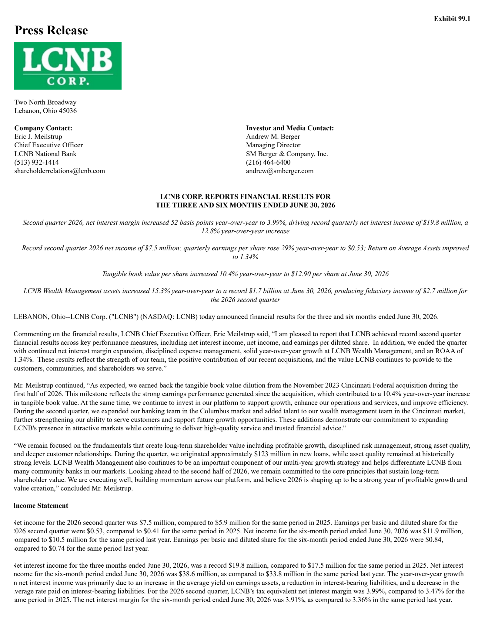 LCNB's Q2 2026 Press Release