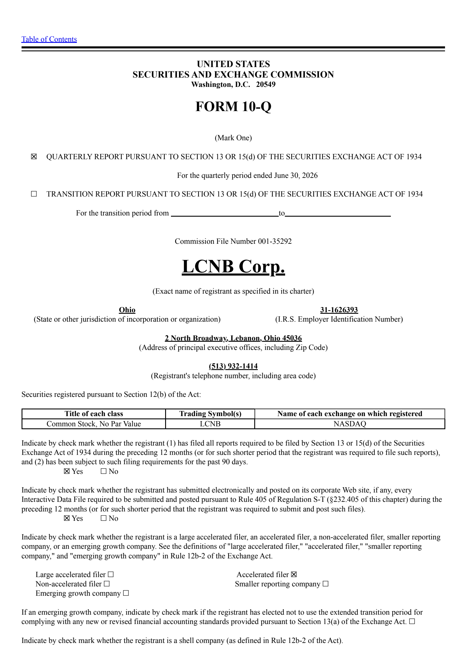 LCNB's Q2 2026 Quarterly report