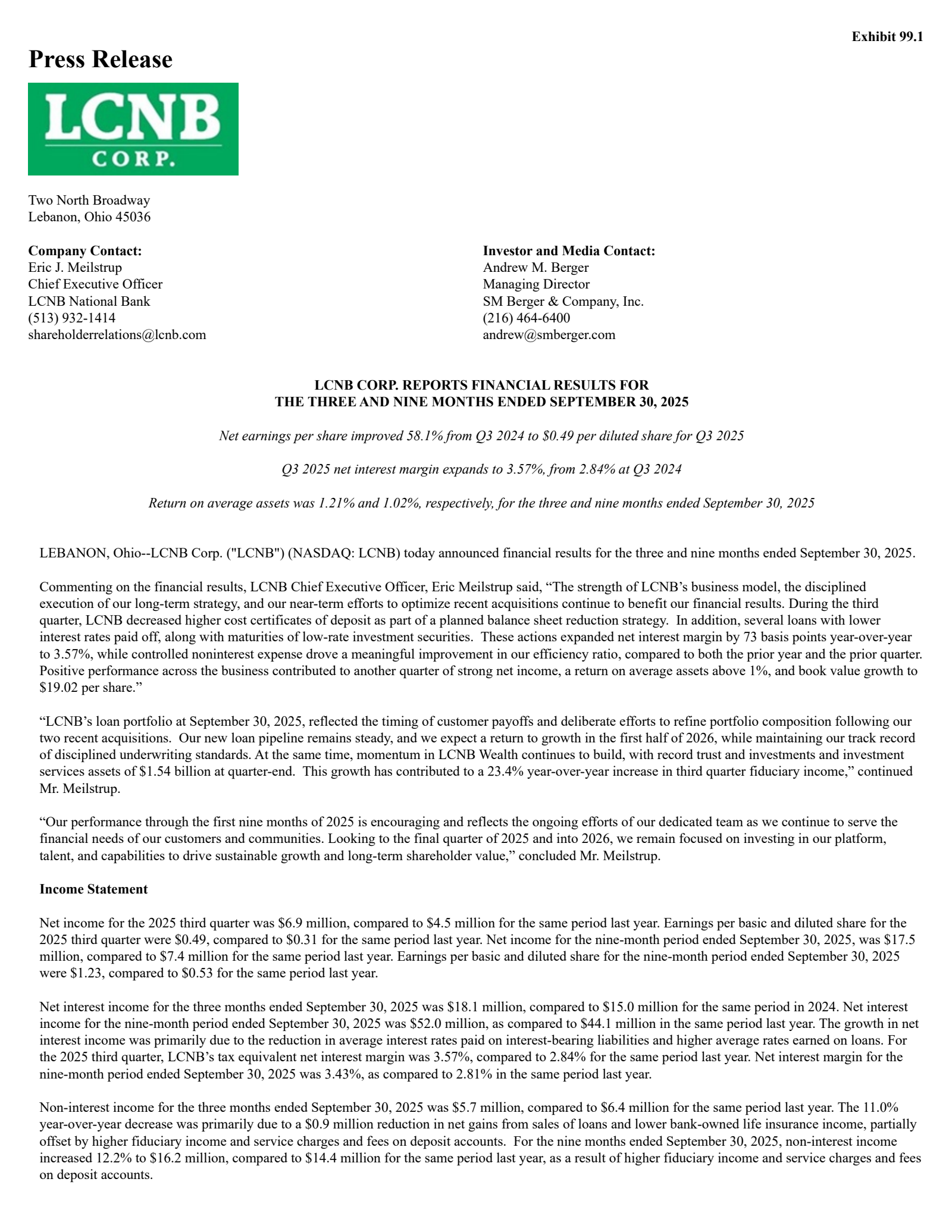 LCNB's Q3 2025 Earnings Release