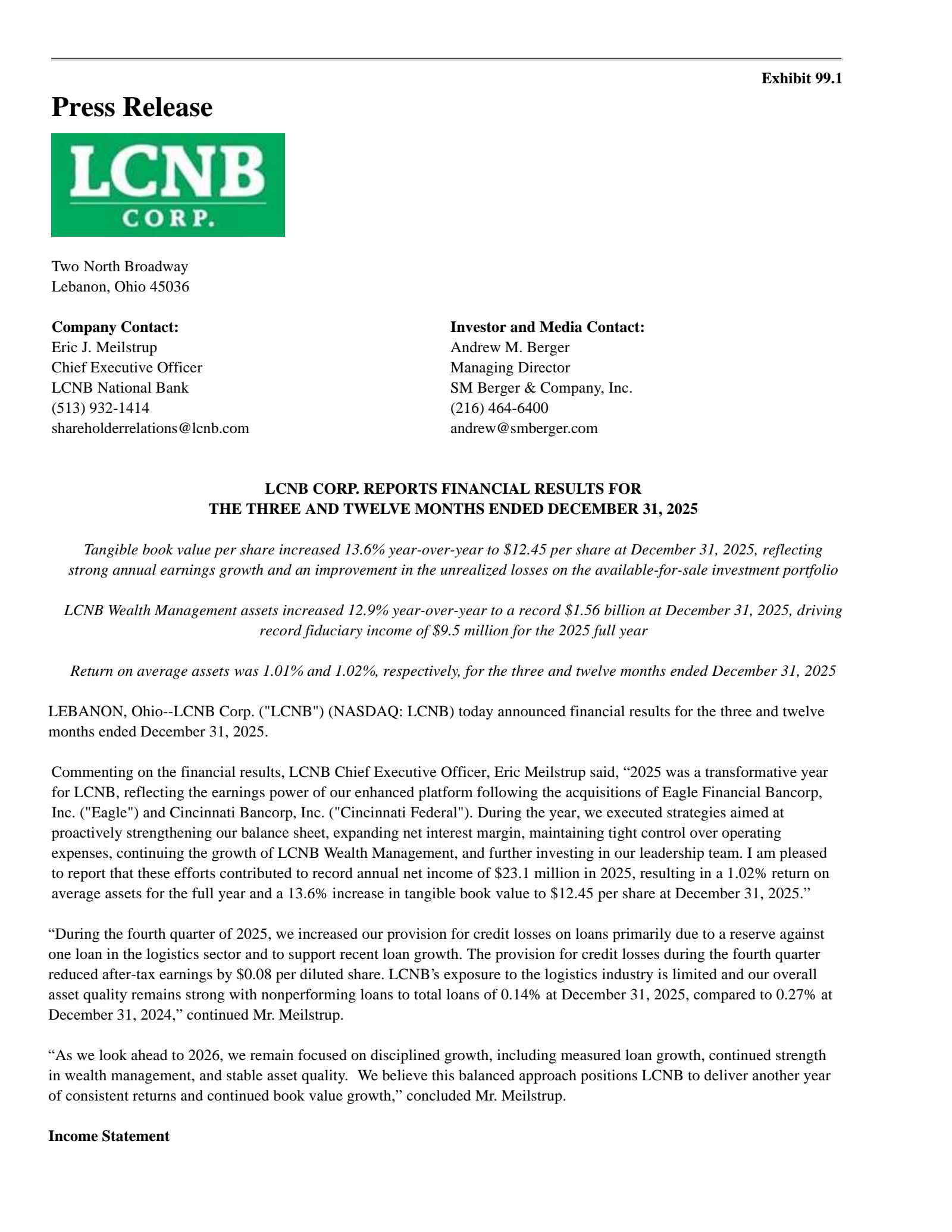 LCNB's Q4 2025 Press Release