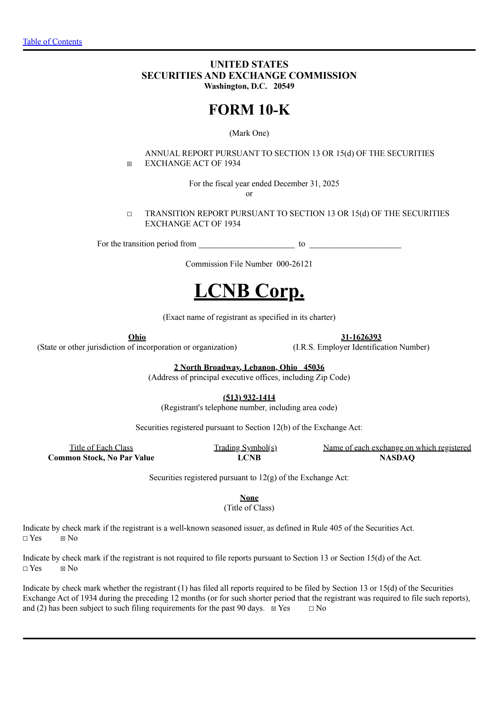 LCNB's Q4 2025 Annual report