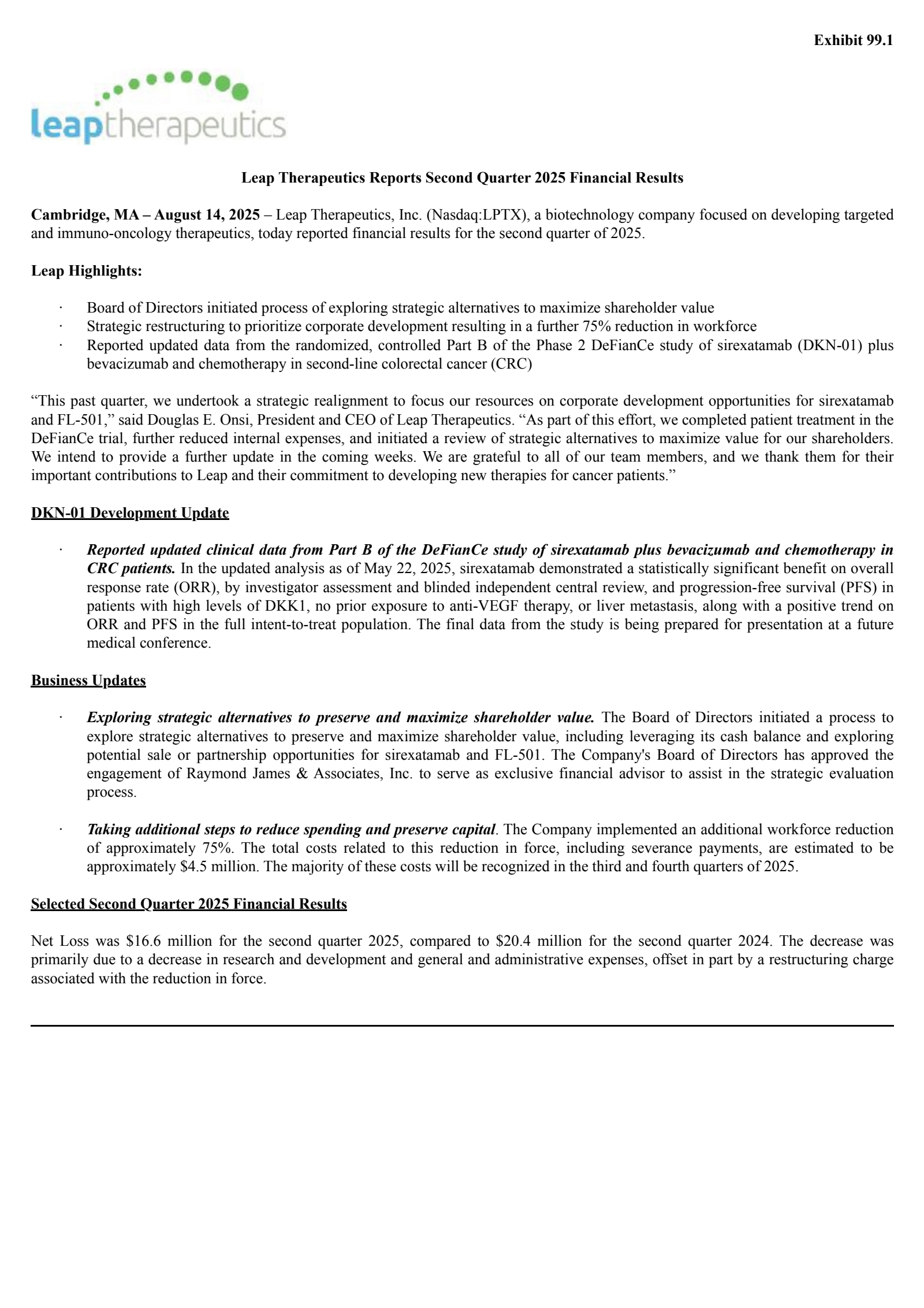 Leap Therapeutics' Q2 2025 Press Release