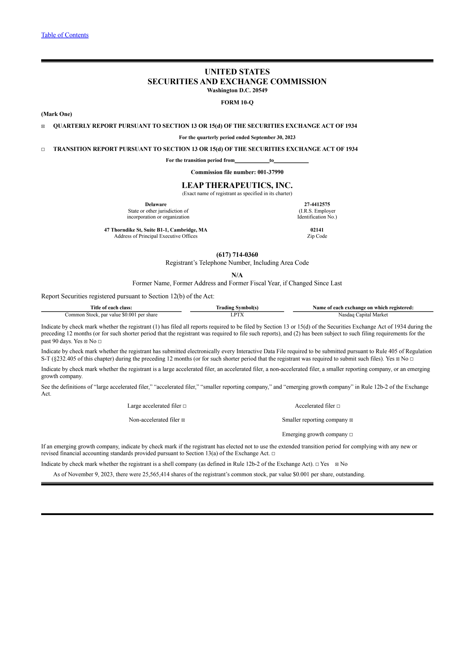 Leap Therapeutics' Q3 2023 Quarterly report