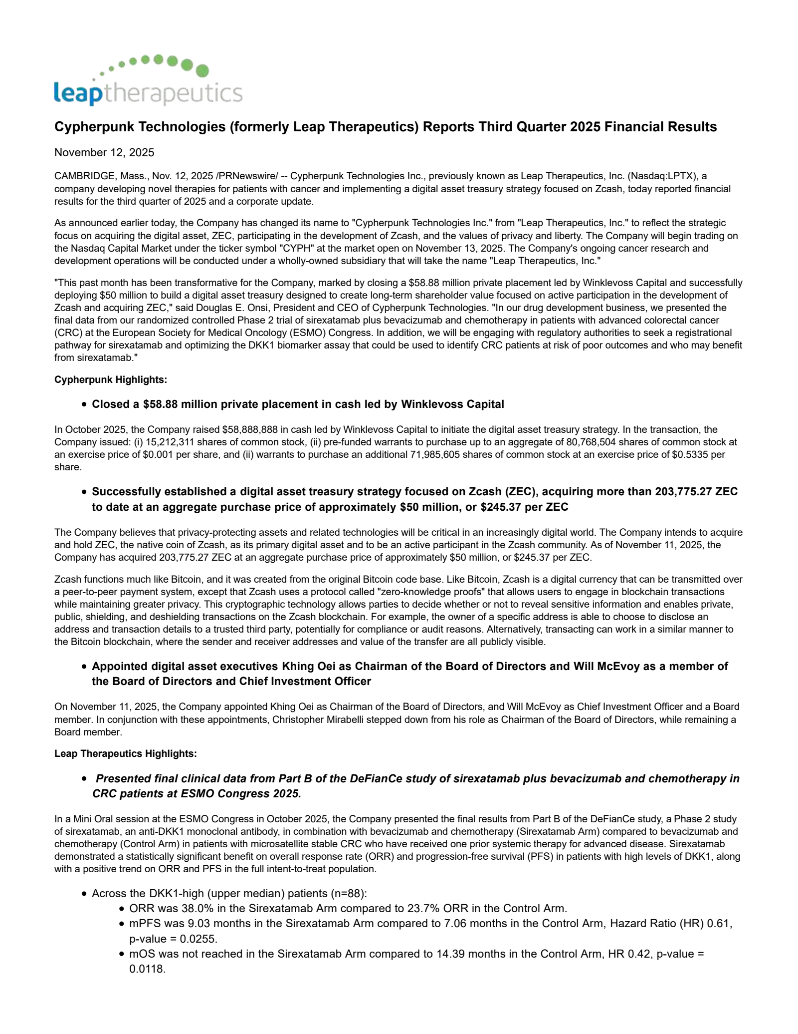 Leap Therapeutics' Q3 2025 Earnings Release