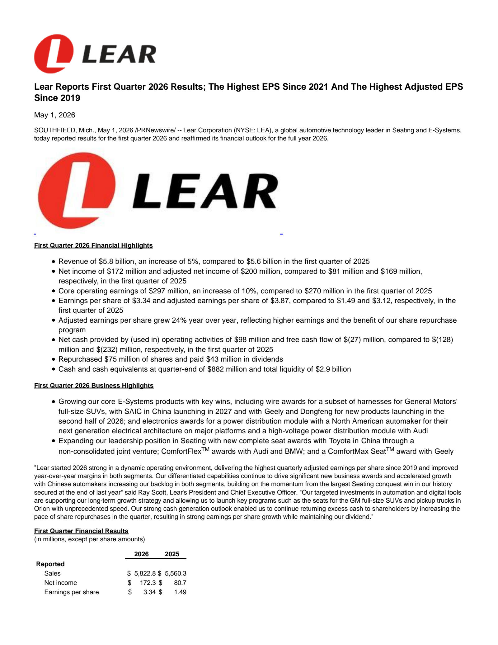Lear's Q1 2026 Press Release