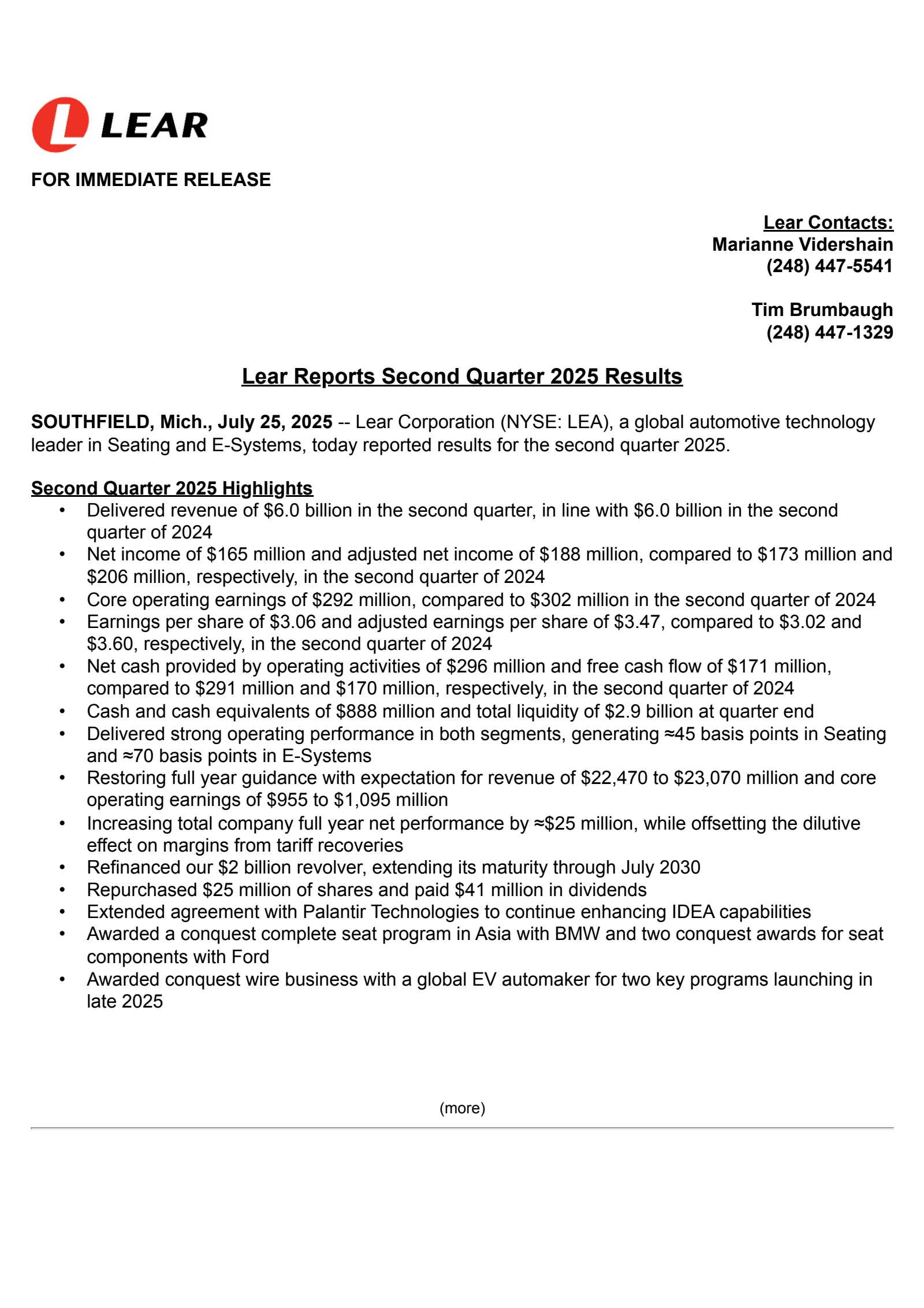 Lear's Q2 2025 Press Release