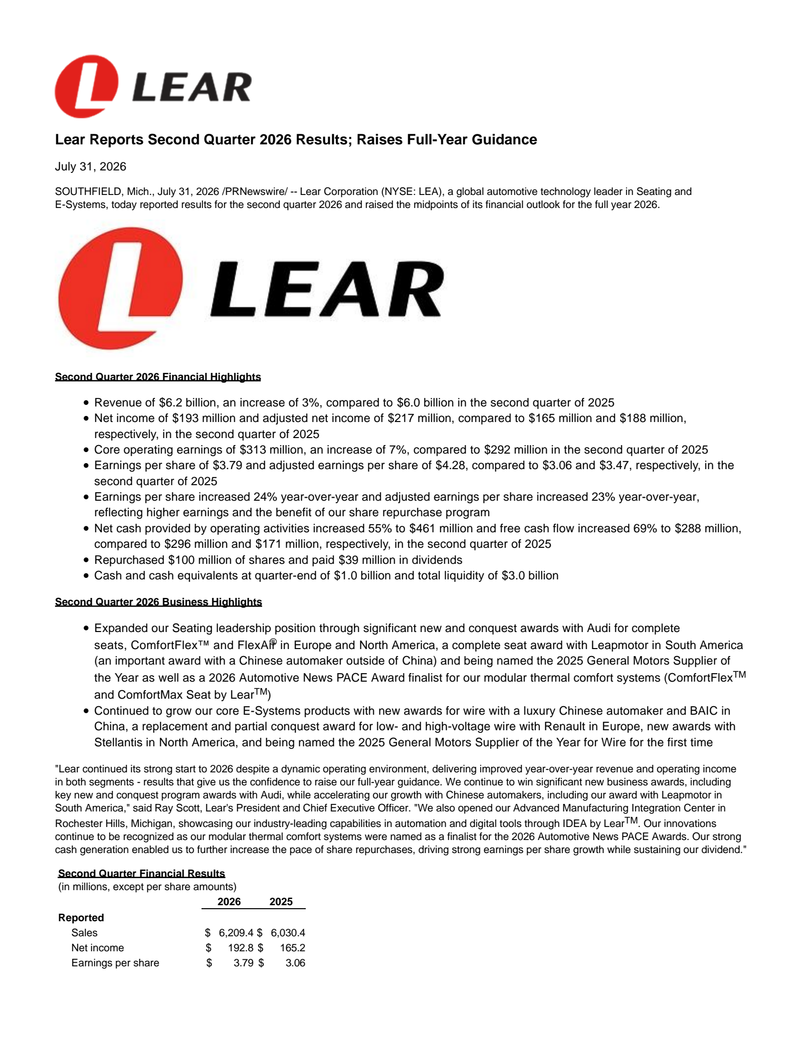 Lear's Q2 2026 Press Release