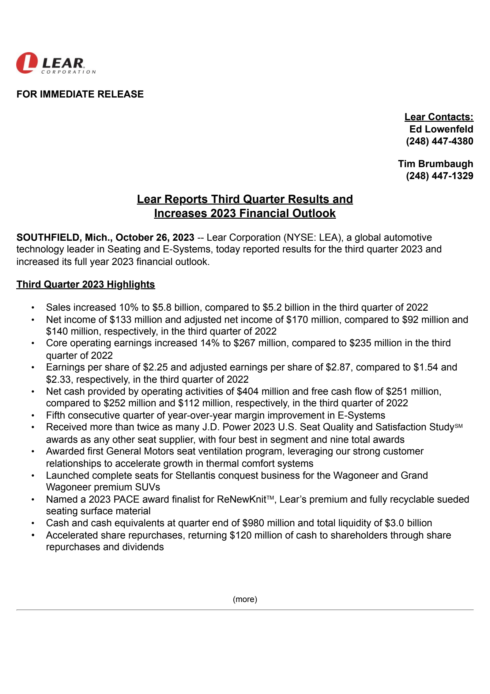 Lear's Q3 2023 Press Release