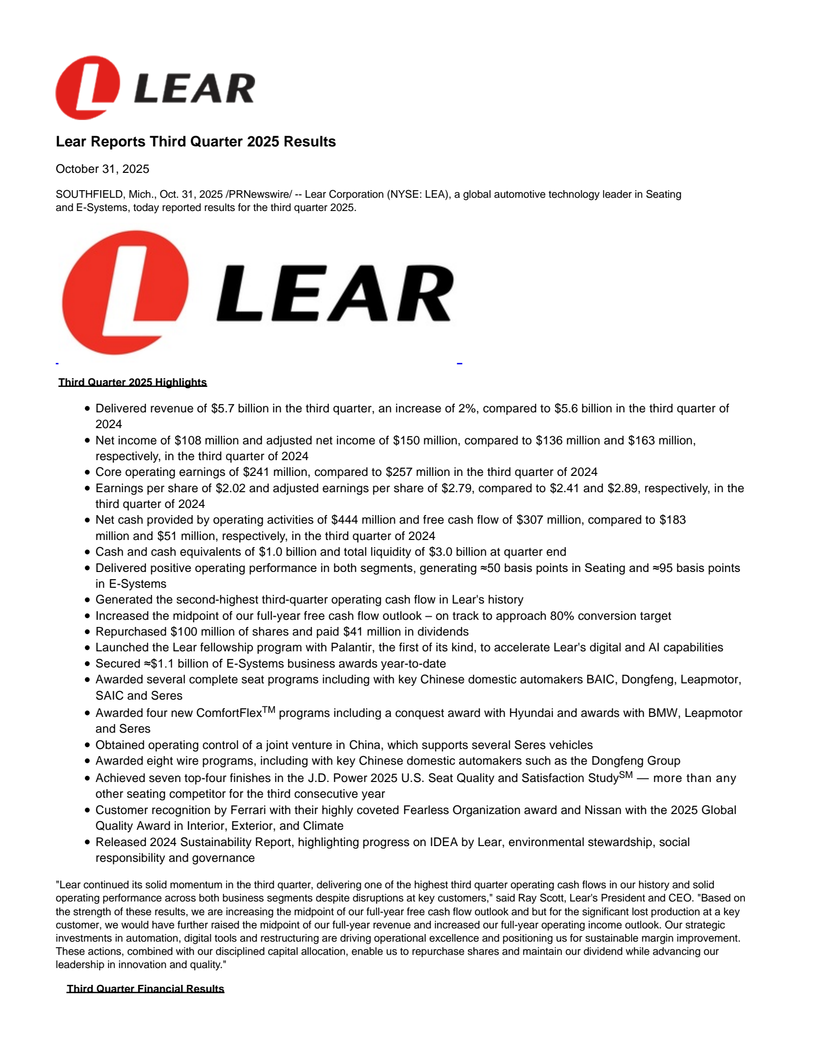 Lear's Q3 2025 Earnings Release
