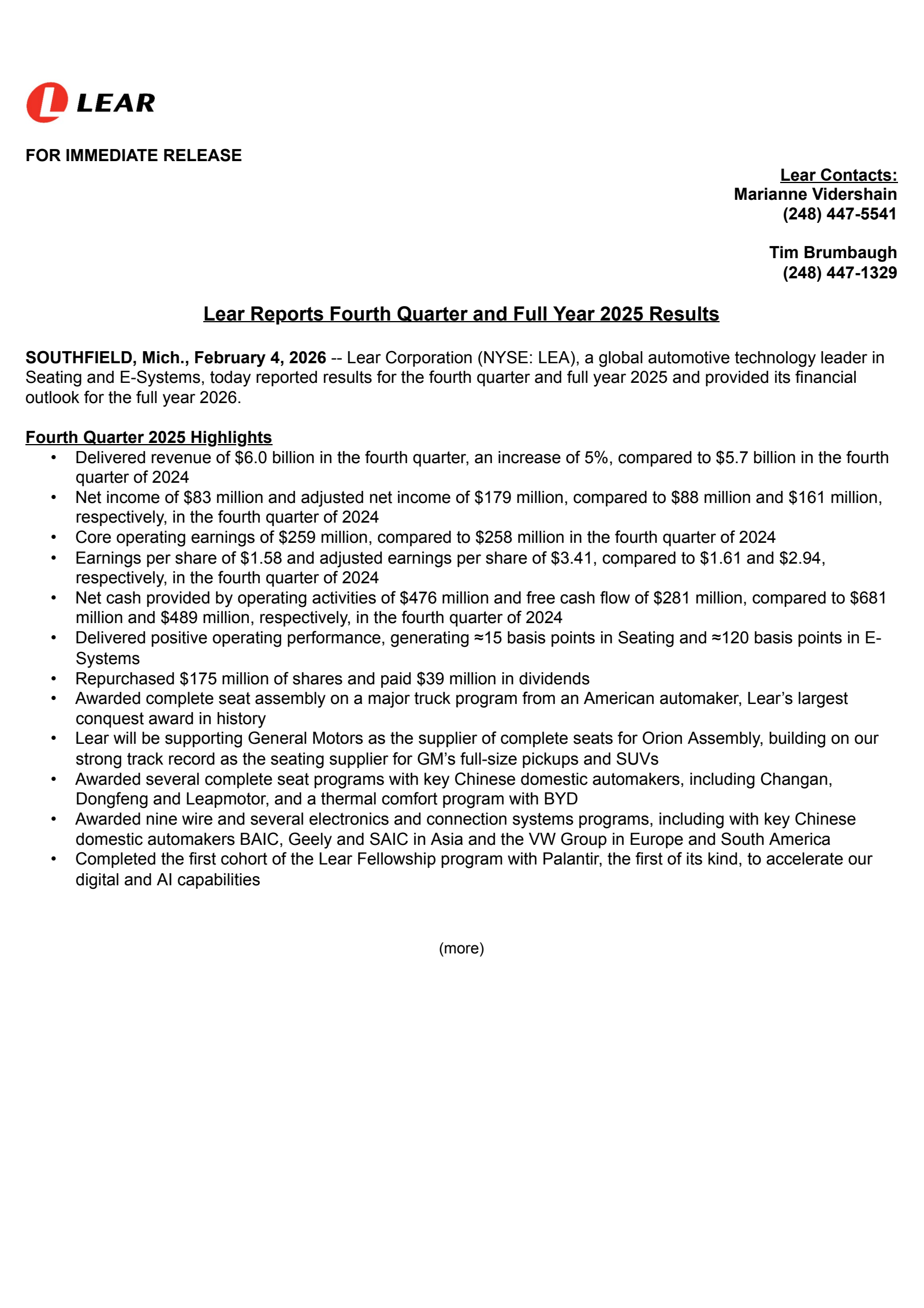 Lear's Q4 2025 Press Release