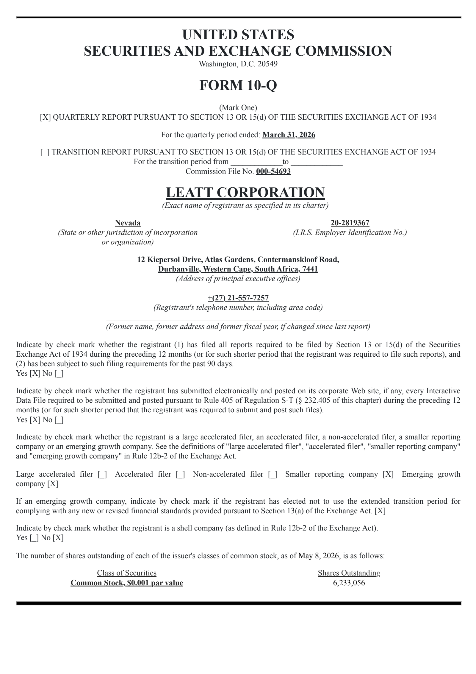 Leatt's Q1 2026 Quarterly report