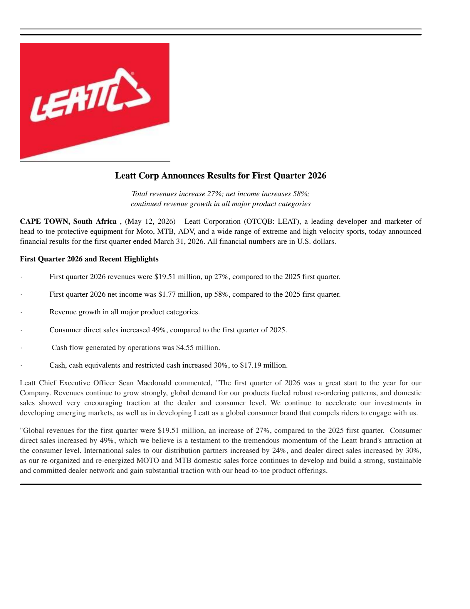Leatt's Q1 2026 Press Release