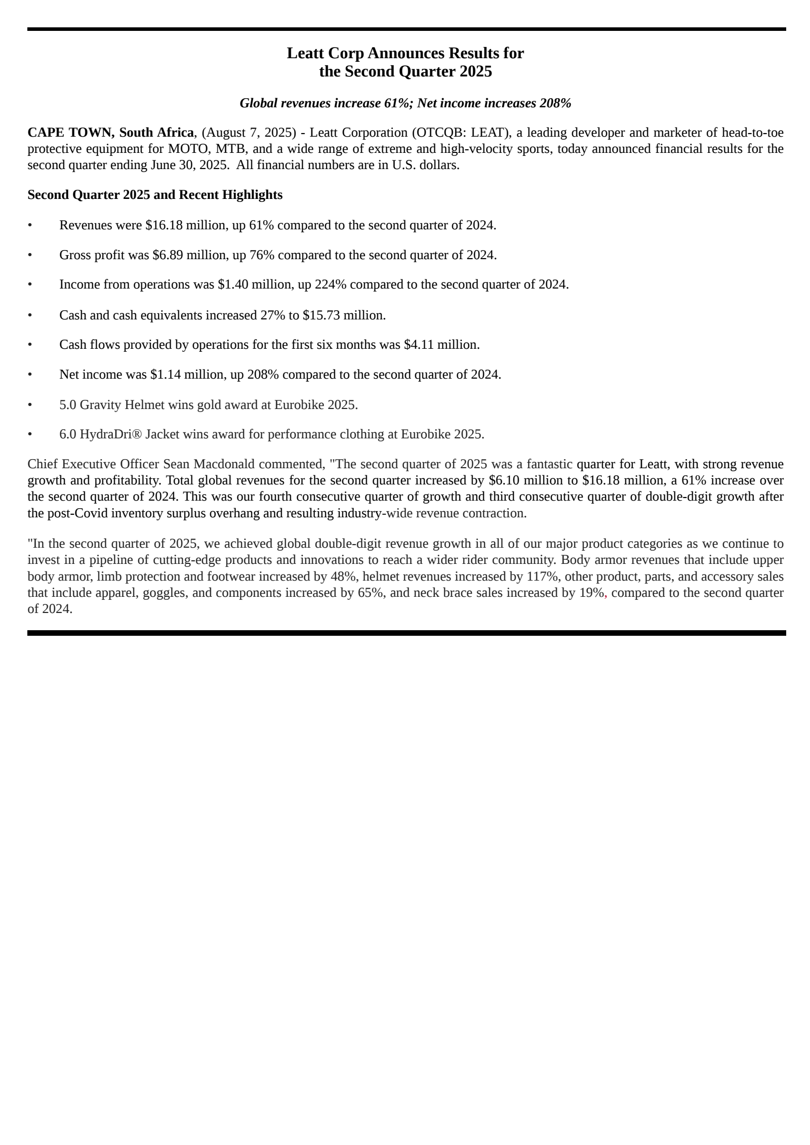 Leatt's Q2 2025 Press Release
